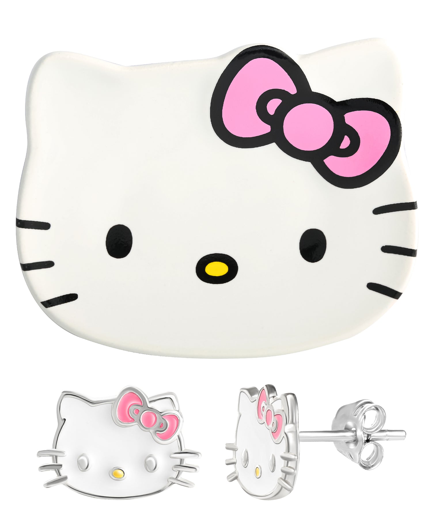 Sanrio Hello Kitty Sterling Silver Enamel Stud Earrings with Ceramic Hello Kitty Trinket Tray