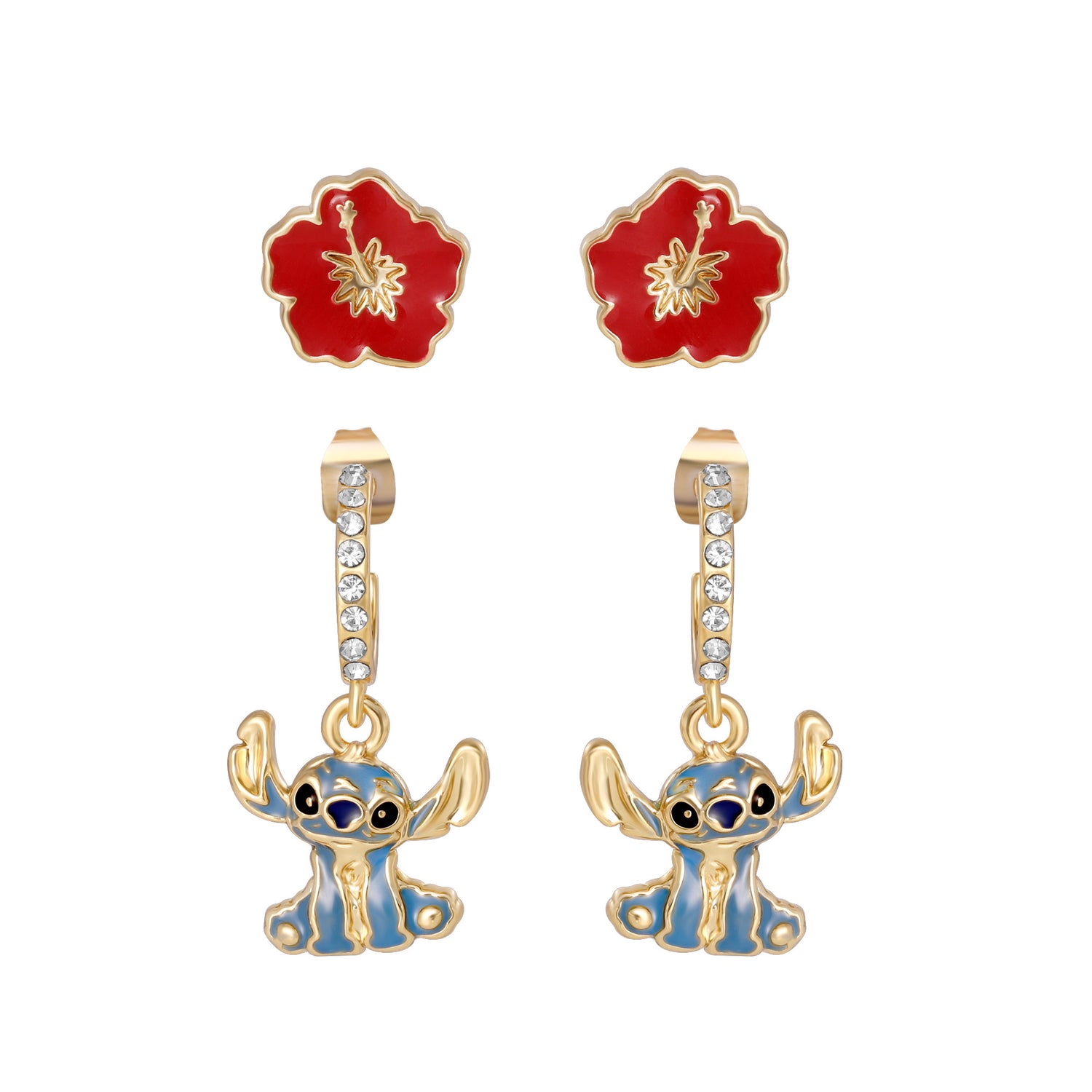 Disney Stitch Earrings 2-Pack, Hibiscus Studs and Stitch Charm Huggie Hoops
