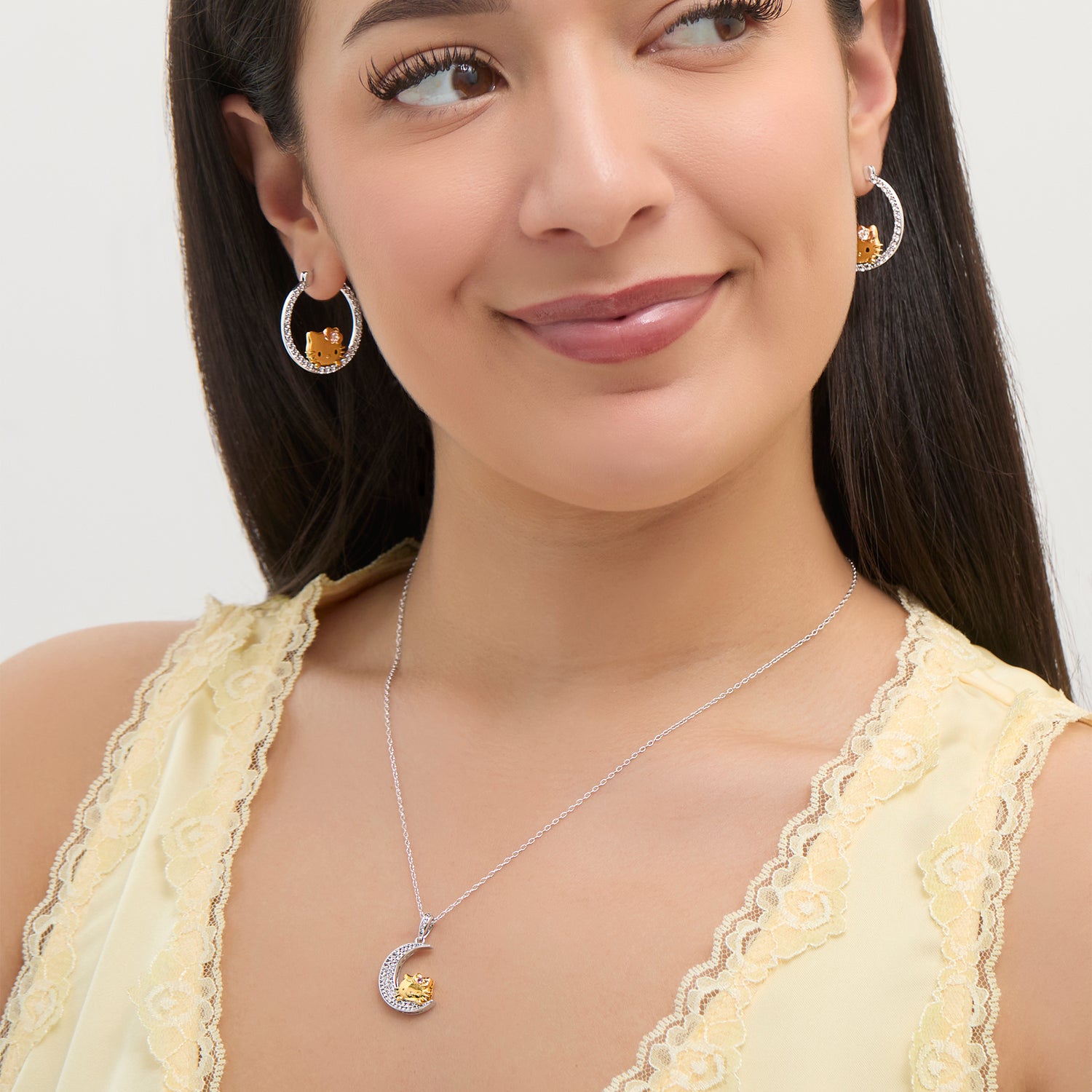 Hello Kitty Pop-Up Hoop Earrings, Tri-Color Sterling Silver with Created White Sapphire, Official License
