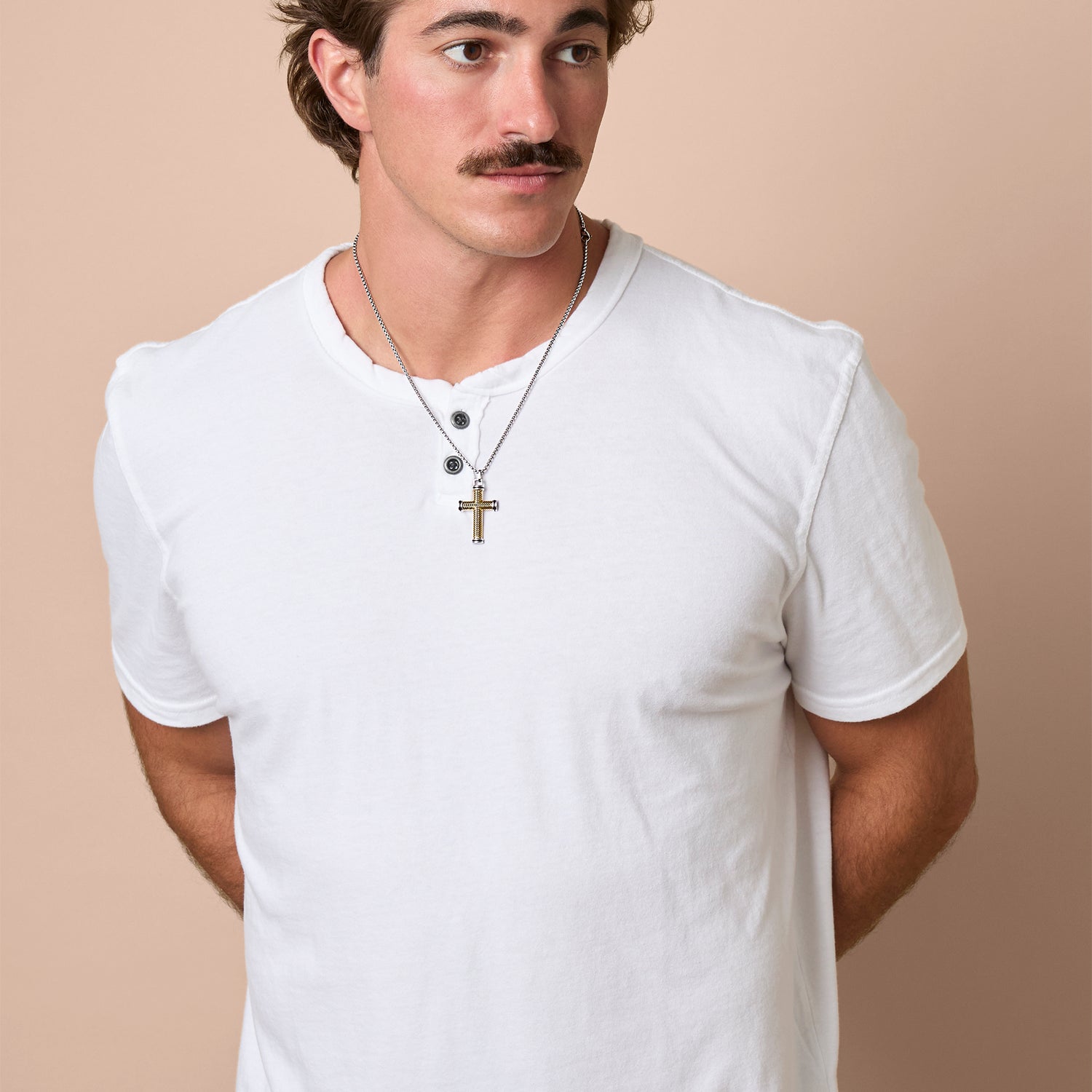 Lucky Brand Stainless Steel Cross Necklace for Men 24", Two-Tone Cross Pendant Necklace, Cross Jewelry