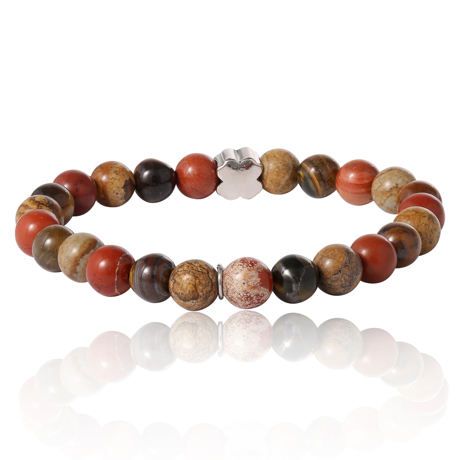 Lucky Brand Red Jasper Mens Bracelet, Stretch Beaded Bracelet for Men with Clover Logo and Jasper Beads