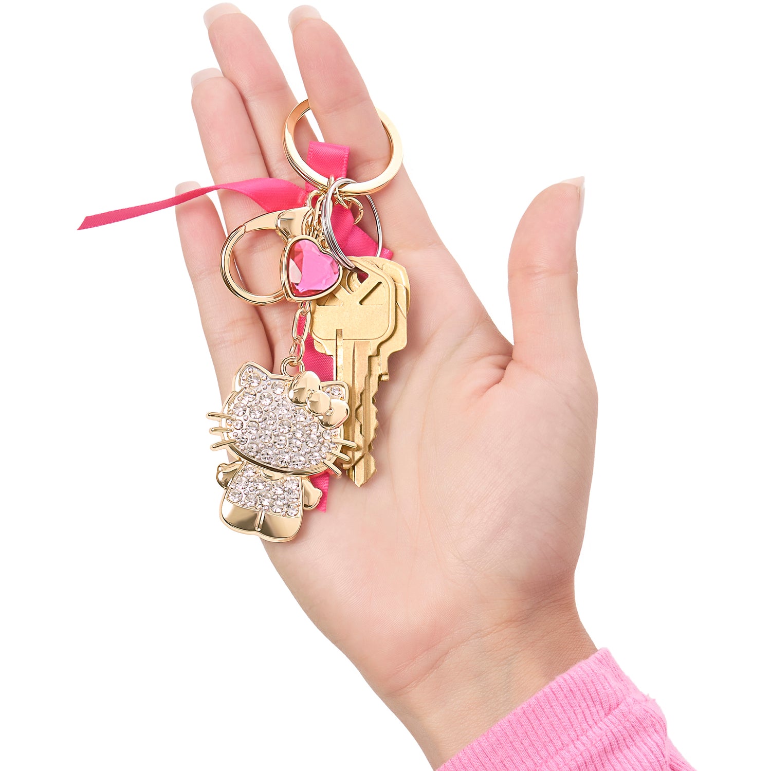 Sanrio Hello Kitty Crystal Charm Keychain with Bow and Heart Accent