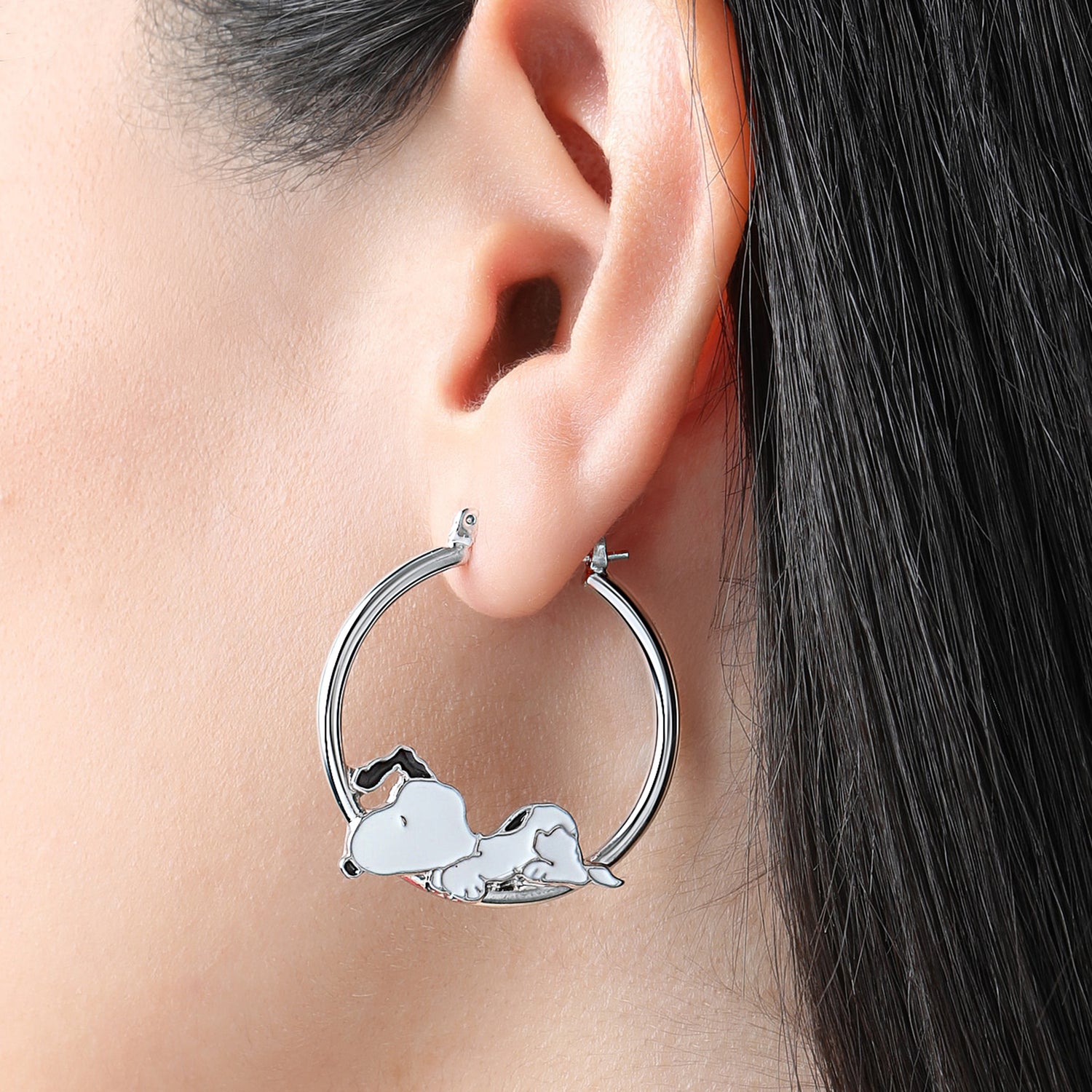 Peanuts Snoopy Hoop Earrings for Women, Silver-Tone and Enamel