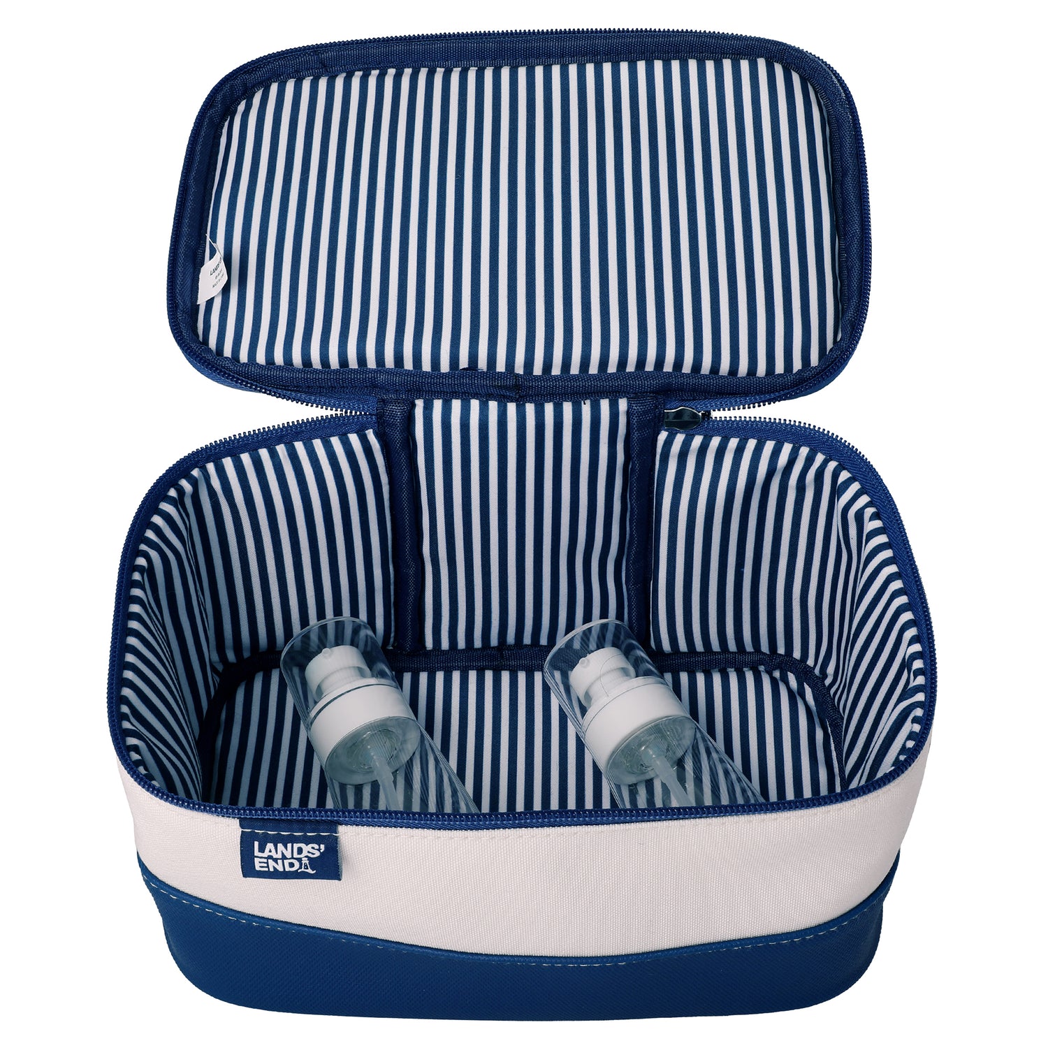 Lands' End Large Makeup Bag Train Case with 2 100 ML Plastic Travel Bottles, Soft-Sided Cosmetic Travel Bag - Navy