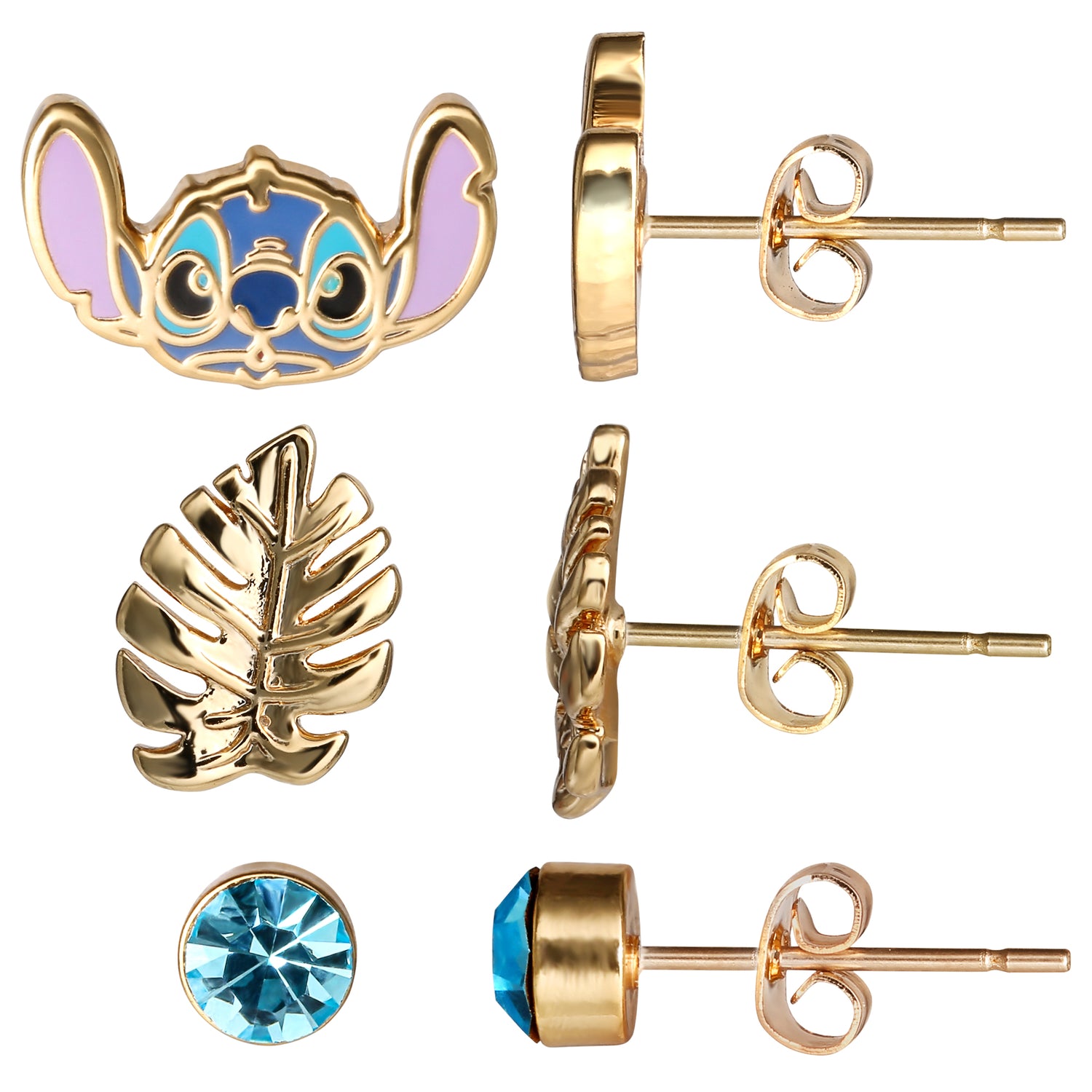 Disney Stitch Stud Earrings 3-Piece Set Gold-Tone, Official License Stitch Jewelry