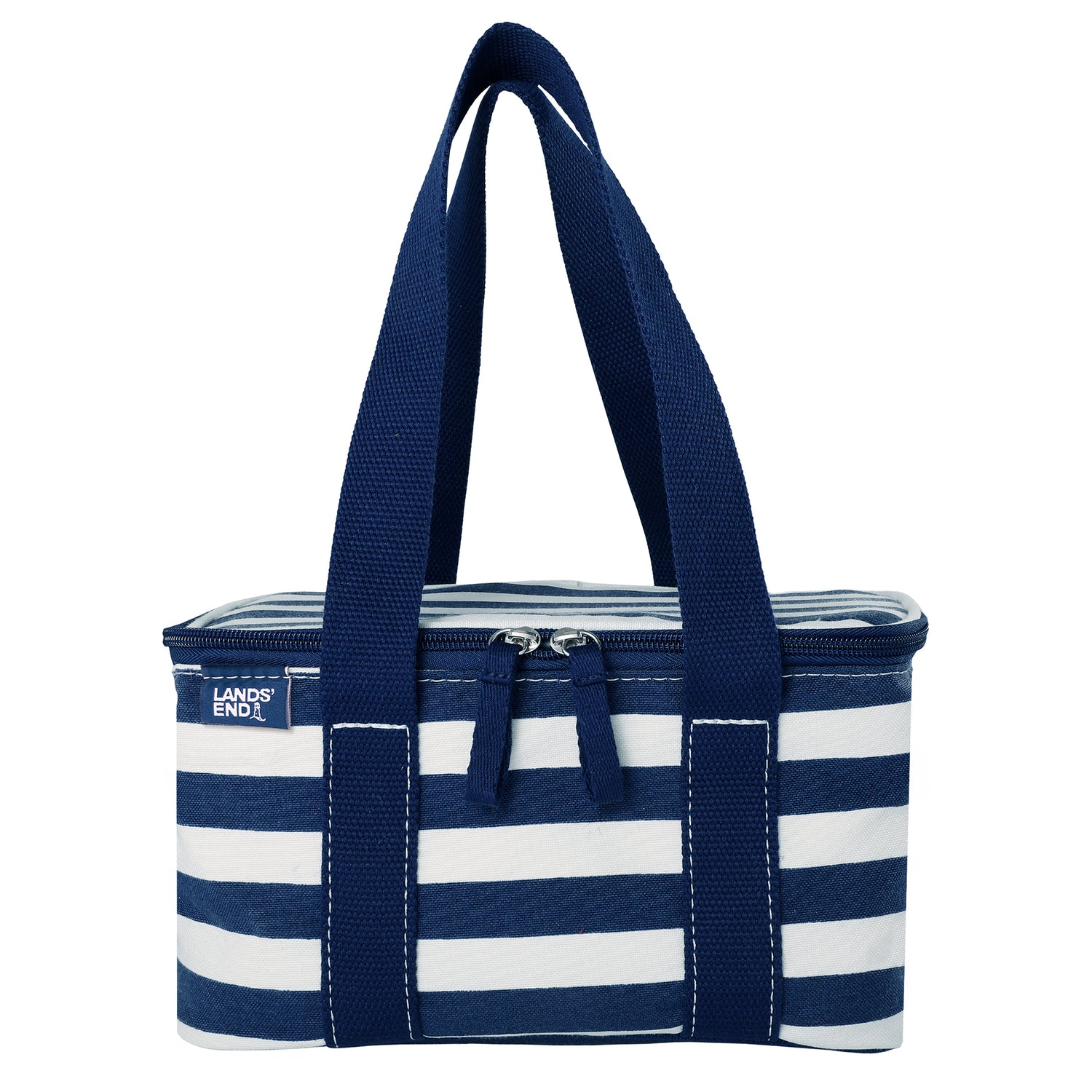 Lands' End Rectangular Small Cooler Bag Insulated 1.5 Gal, Canvas Soft Cooler with Tote Handles and Zip Closure (Navy Stripe) - Navy Stripe
