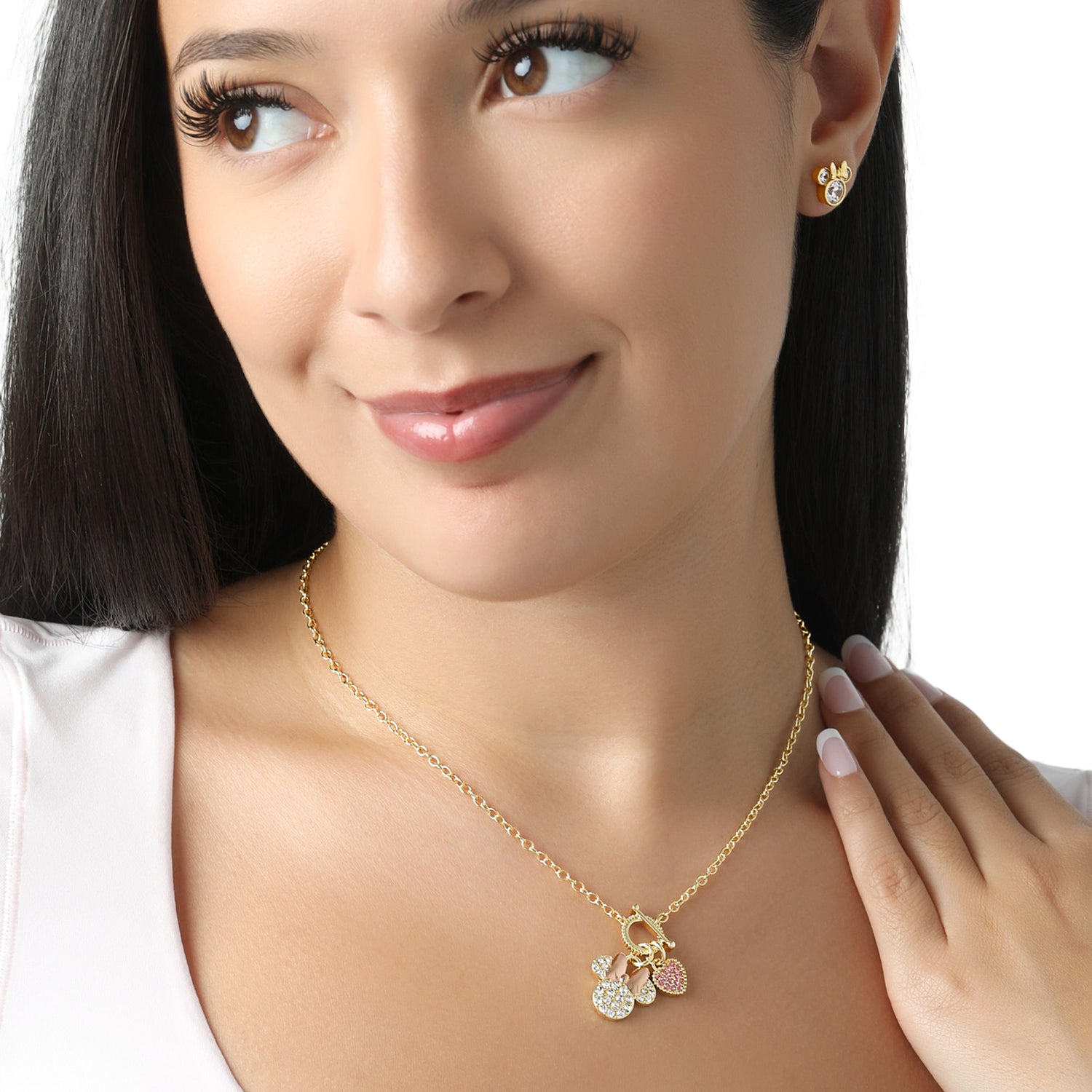 Disney Minnie Mouse Necklace 16" + 2", Gold Tone, Clear and Pink Crystals