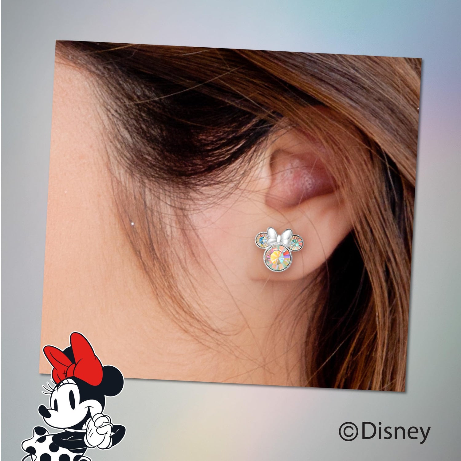 Disney Womens Minnie Mouse Aurora Boreal Crystal Stud Earrings, Sterling Silver Stud Earrings Official License