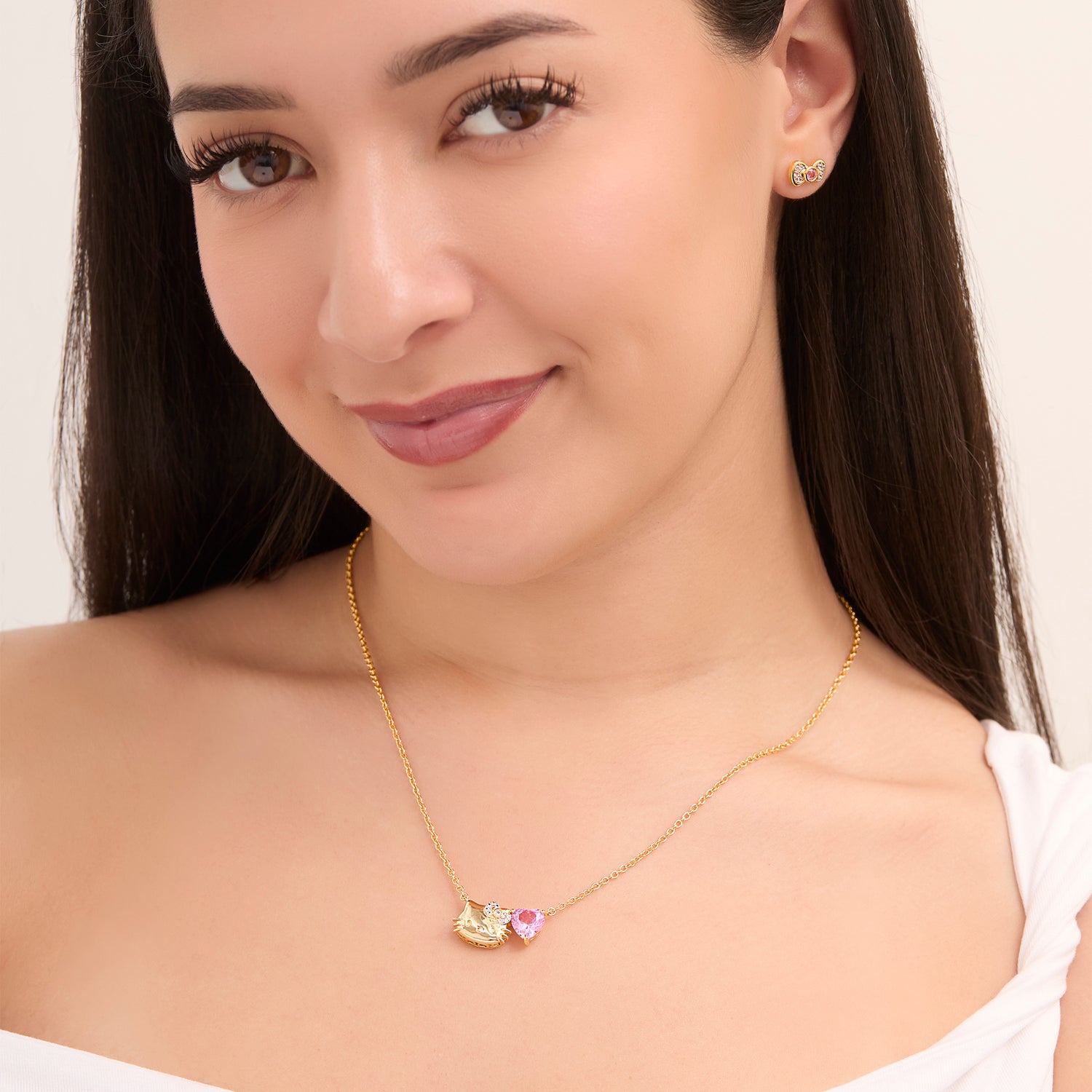 Hello Kitty Bow Stud Earrings, Two-Tone Plated Sterling Silver with Created Pink & White Sapphire, Official License