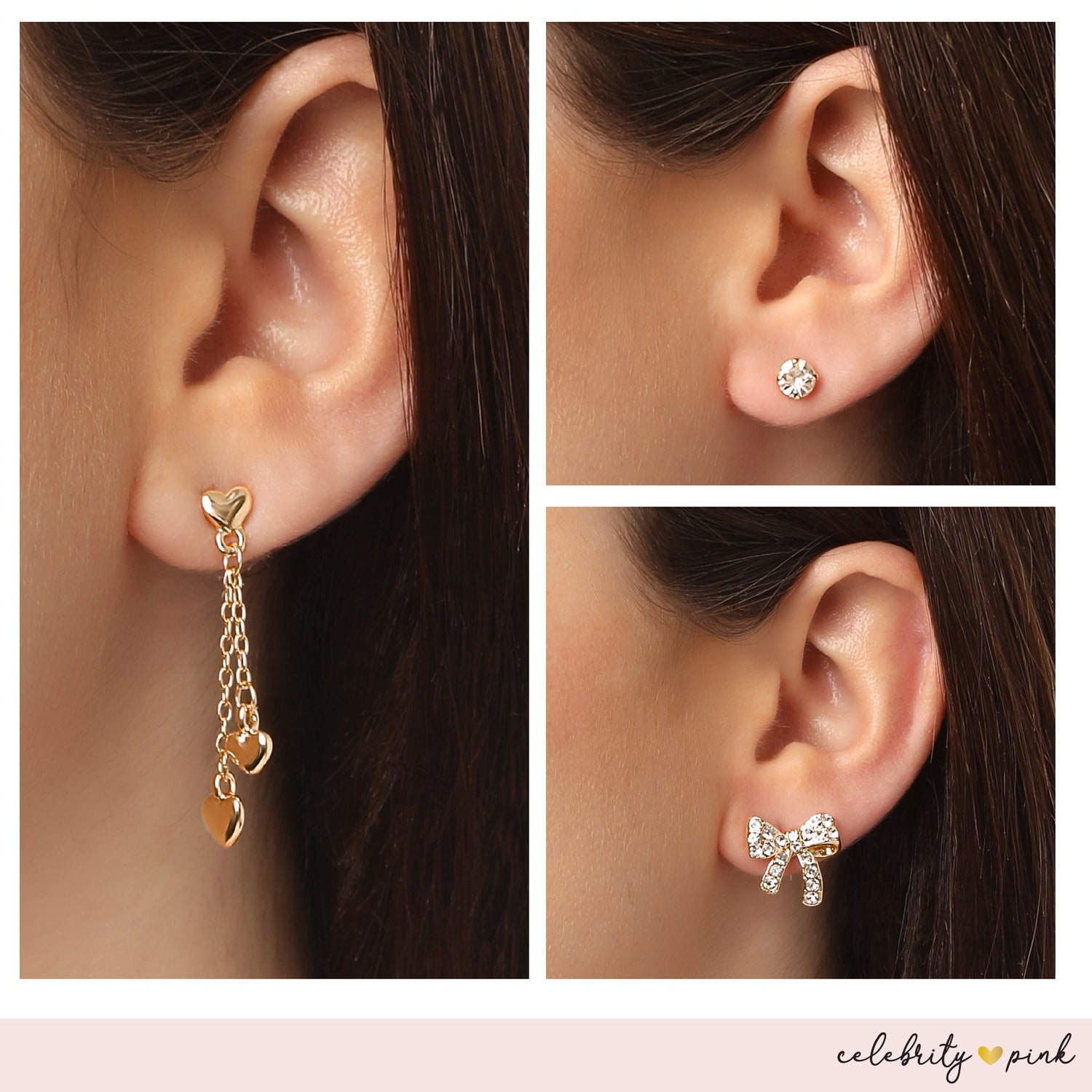 Celebrity Pink Gold-Tone Heart Stud Earrings and Dangle Earrings Pack of 6 | 6-Pack, Gold Studs and Drop Heart Earrings, Feminine Jewelry