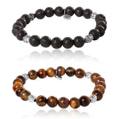 Lucky Brand Beaded Bracelets – Tiger's Eye & Lava Matte Black Stone Stretch Set