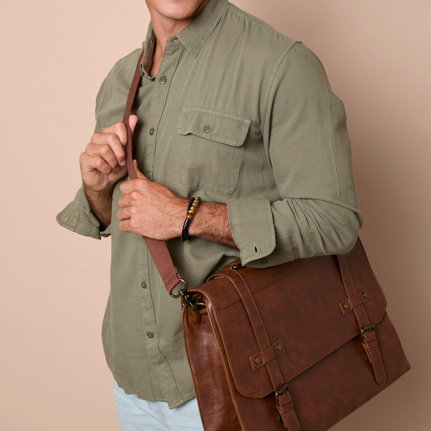 Lucky Brand Braided Cord Men's Bracelet with Tiger's Eye Beads, Stainless Steel Bracelet, Male Jewelry