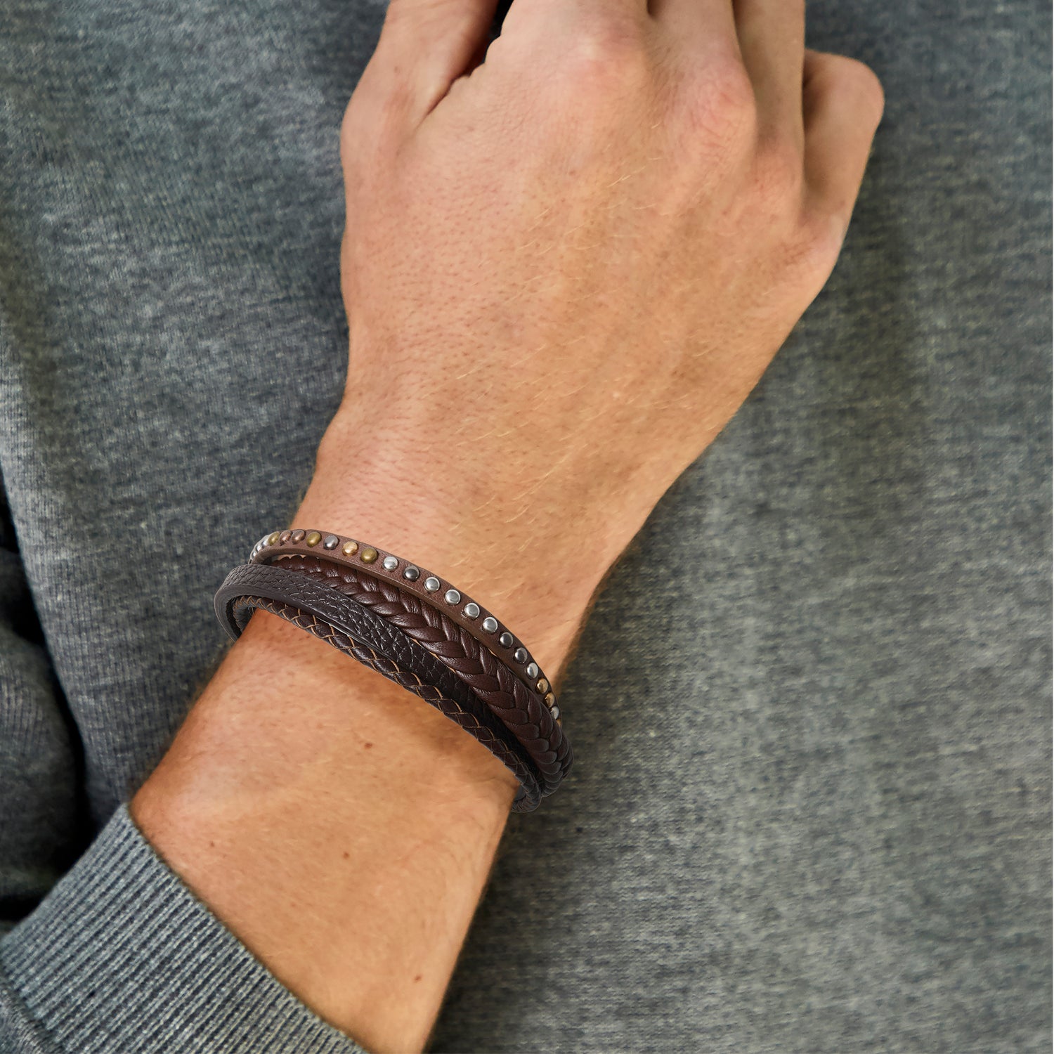 Lucky Brand Stainless Steel and PU Leather Bracelet for Men, Multistrand - 8.5''