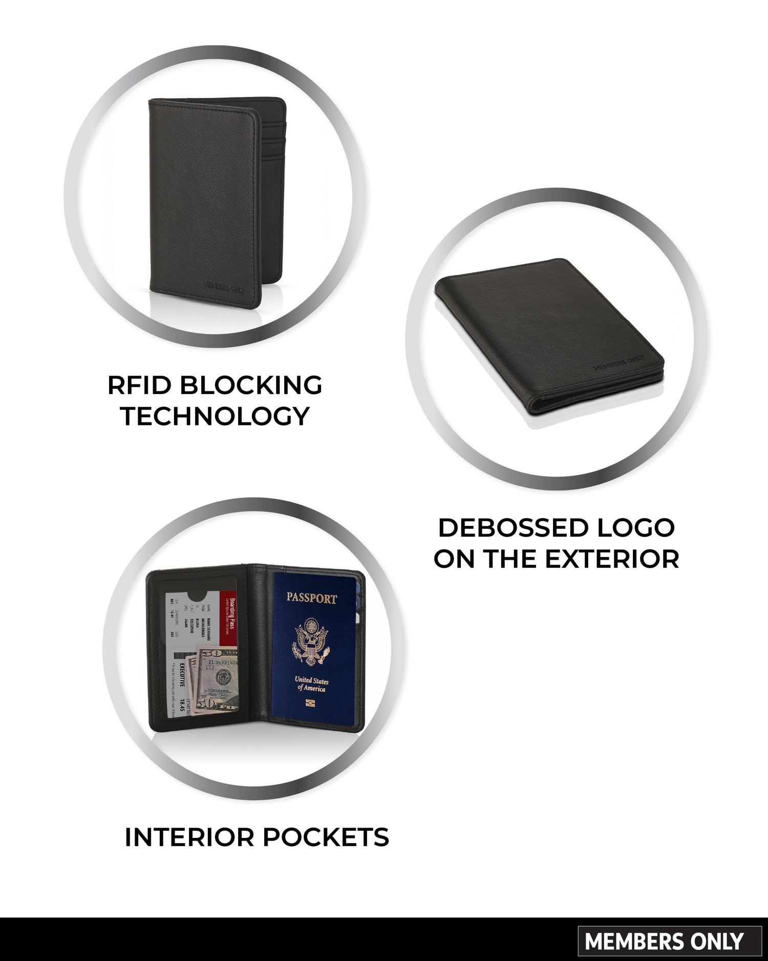 MEMBERS ONLY RFID BLACK DEBOSSED PASSPORT HOLDER
