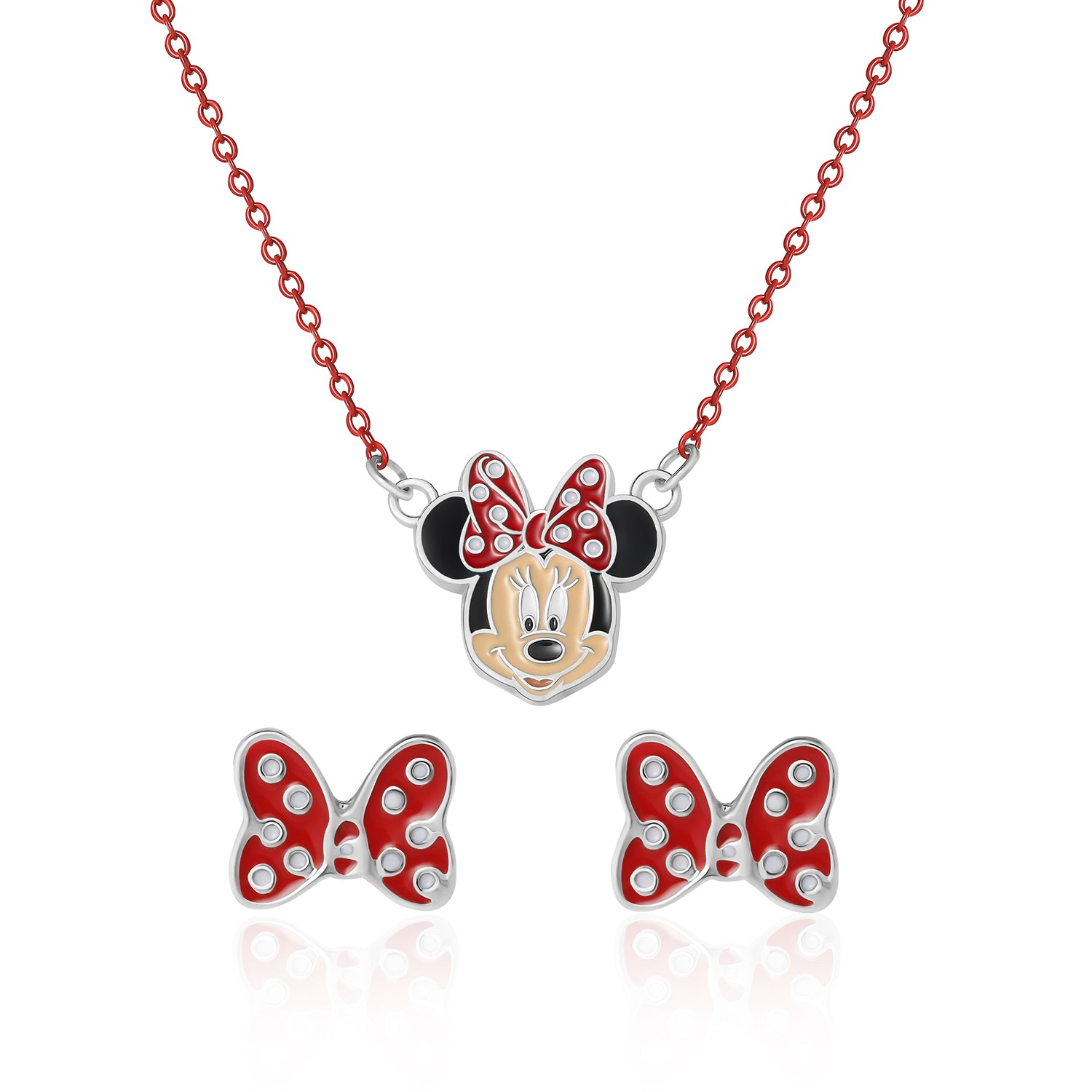 Disney Minnie Mouse Necklace & Stud Earrings Set, Red Chain & Enamel