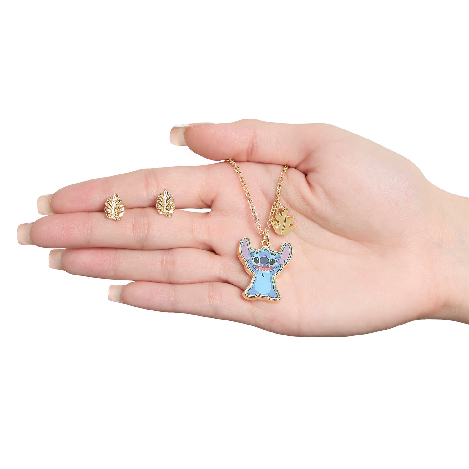 Disney Stitch Jewelry Set Official License with 16+3 Necklace and Palm Leaf Earrings, Gold Tone Fashion Necklace and Stud Earrings