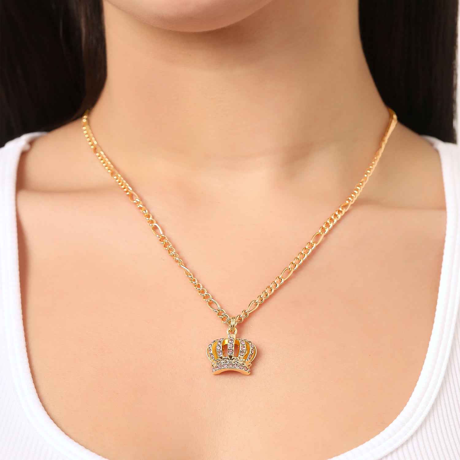 Juicy Couture Necklace and Crown Stud Earrings for Women with Pink Crystals, Gold Tone Jewelry Set