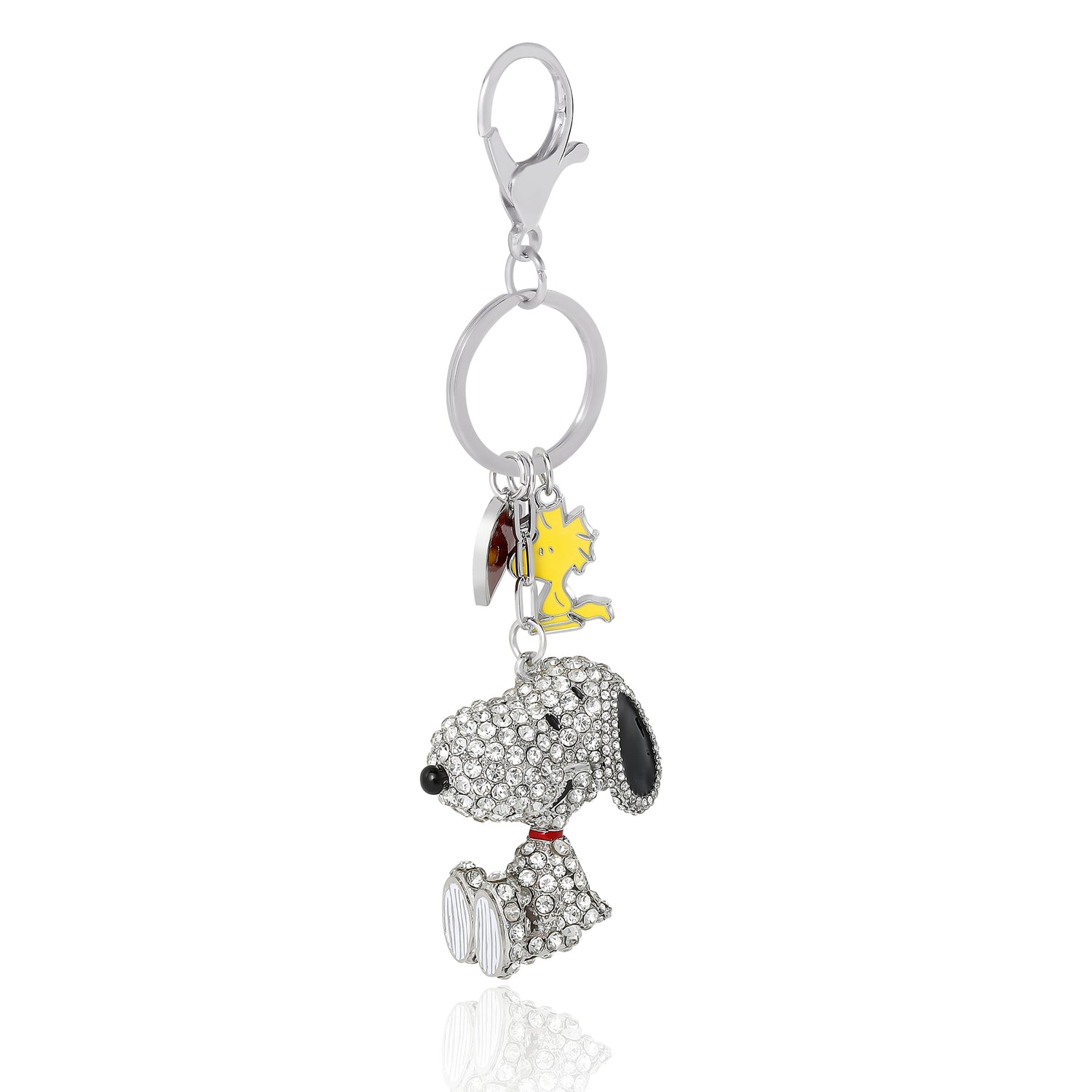 SALLY ROSE Peanuts Cluster Pave Crystal Keychain Official License, Snoopy Bag Charm with Woodstock and Heart Charms