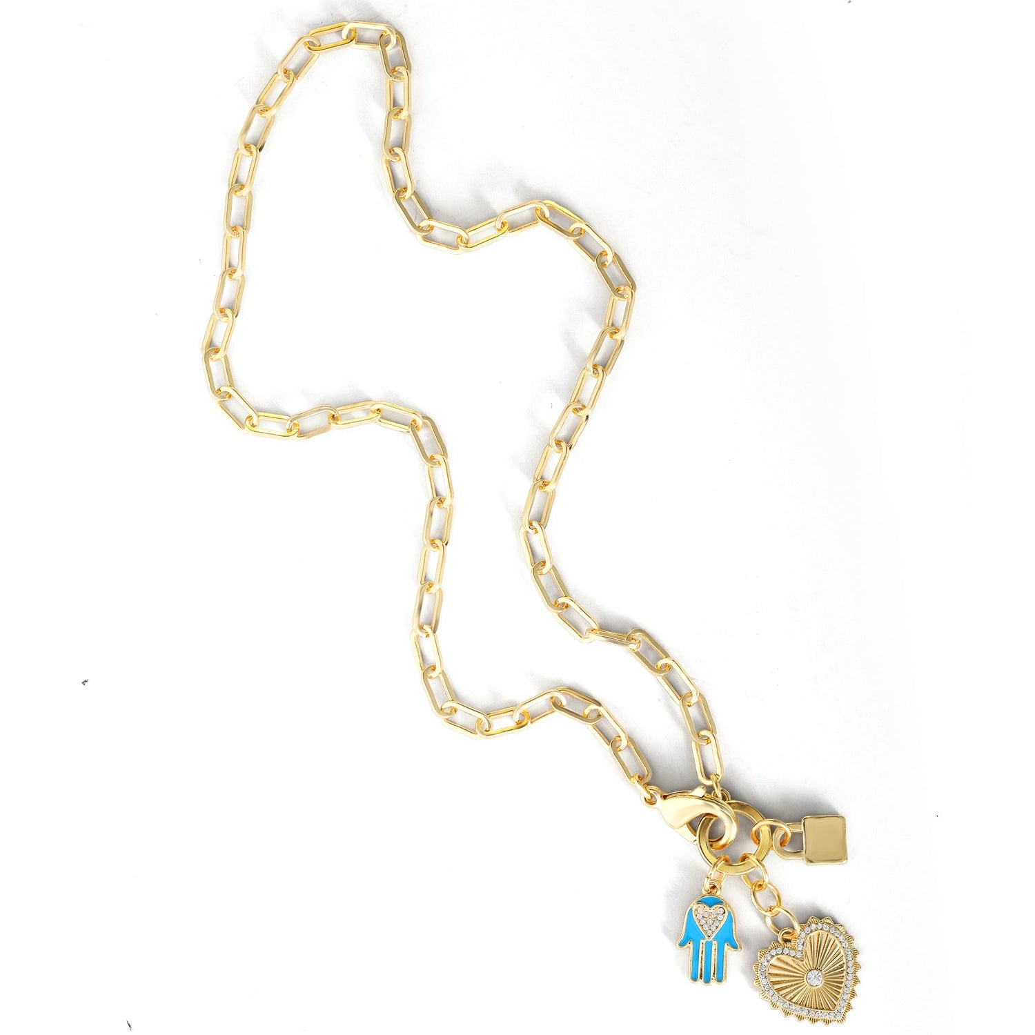 Jessica Simpson Womens Triple Charm Necklace 17" - Gold-Tone Necklace with Lock Charm and Heart Charms
