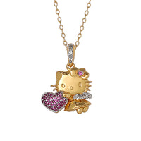 Hello Kitty Heart Pendant Necklace 18", Two-Tone Plated Sterling Silver with Created Pink & White Sapphire, Official License
