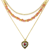 Celebrity Pink 3-Piece Necklaces for Women, Layering Necklaces Gold-Tone | Triple Necklace Stack 3 Separate Lengths, Pink Bead and Pearl Embellishments, Rose and Heart Pendant