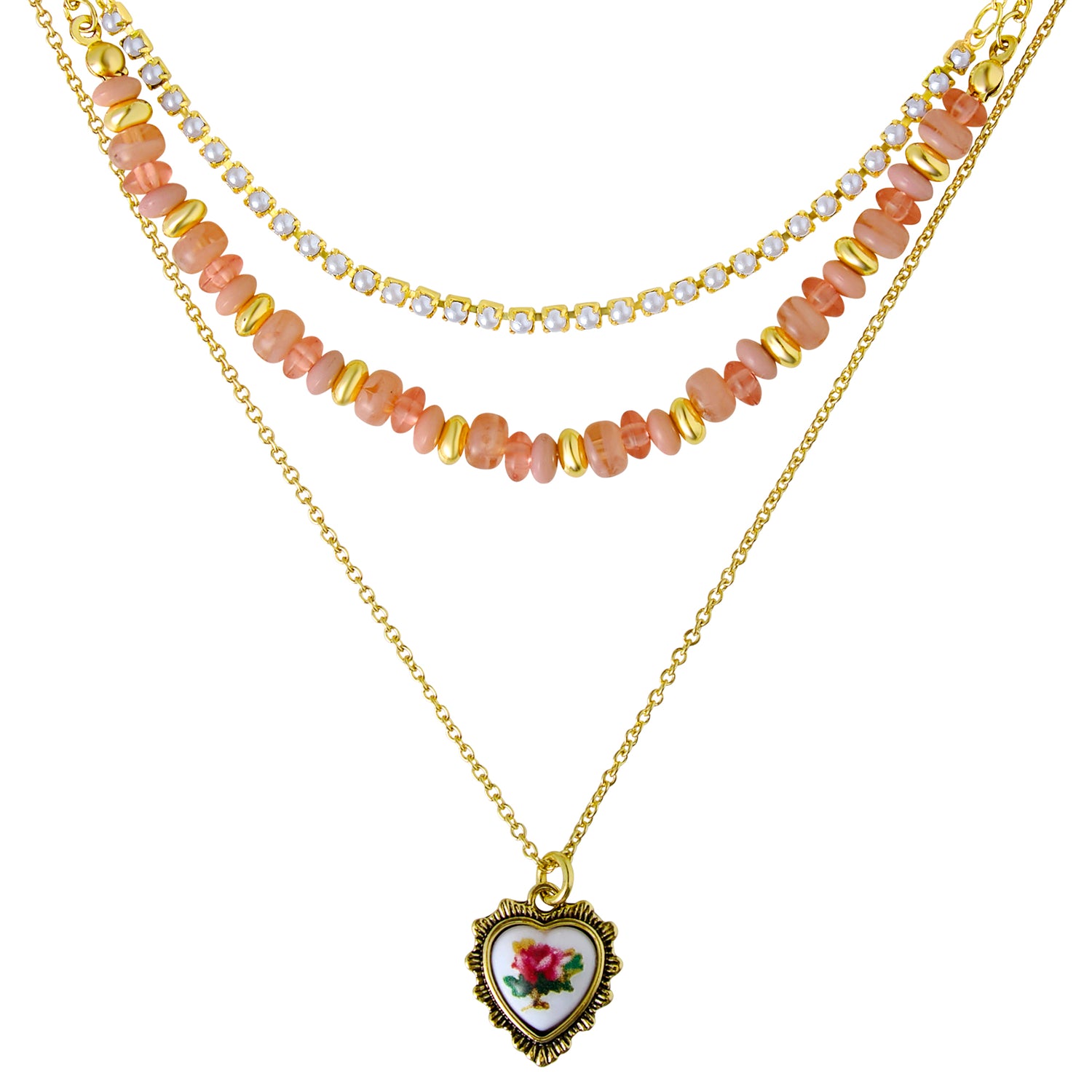 Celebrity Pink 3-Piece Necklaces for Women, Layering Necklaces Gold-Tone | Triple Necklace Stack 3 Separate Lengths, Pink Bead and Pearl Embellishments, Rose and Heart Pendant