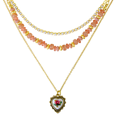 Celebrity Pink 3-Piece Necklaces for Women, Layering Necklaces Gold-Tone | Triple Necklace Stack 3 Separate Lengths, Pink Bead and Pearl Embellishments, Rose and Heart Pendant