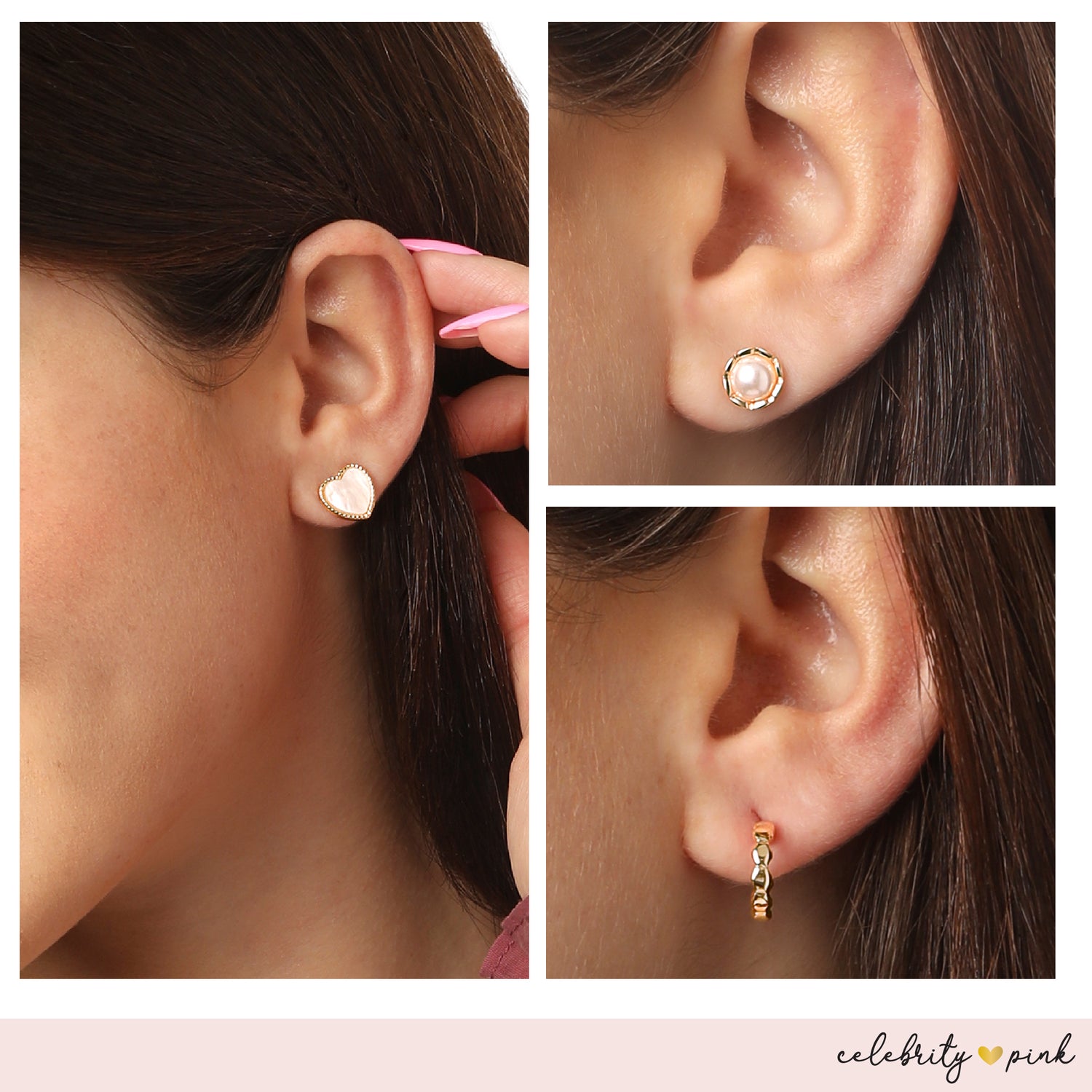 Celebrity Pink Gold-Tone Heart Stud Earrings and Huggie Hoops Pack of 6 | 6-Pack, Gold Heart Earrings, Faux Pearl Accents, Faux Pearl Accents