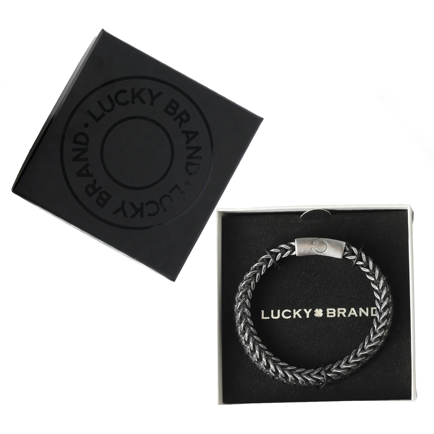 Lucky Brand Mens Bracelet Braided Black Leather and Stainless Steel, 8.25"