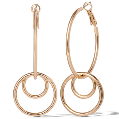 Jessica Simpson Gold-Tone Triple Ring Drop Hoop Earrings – Bold and Stylish Statement Accessory