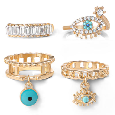 Jessica Simpson 4-Piece Charm Ring Set with Turquoise Accents - Size 7