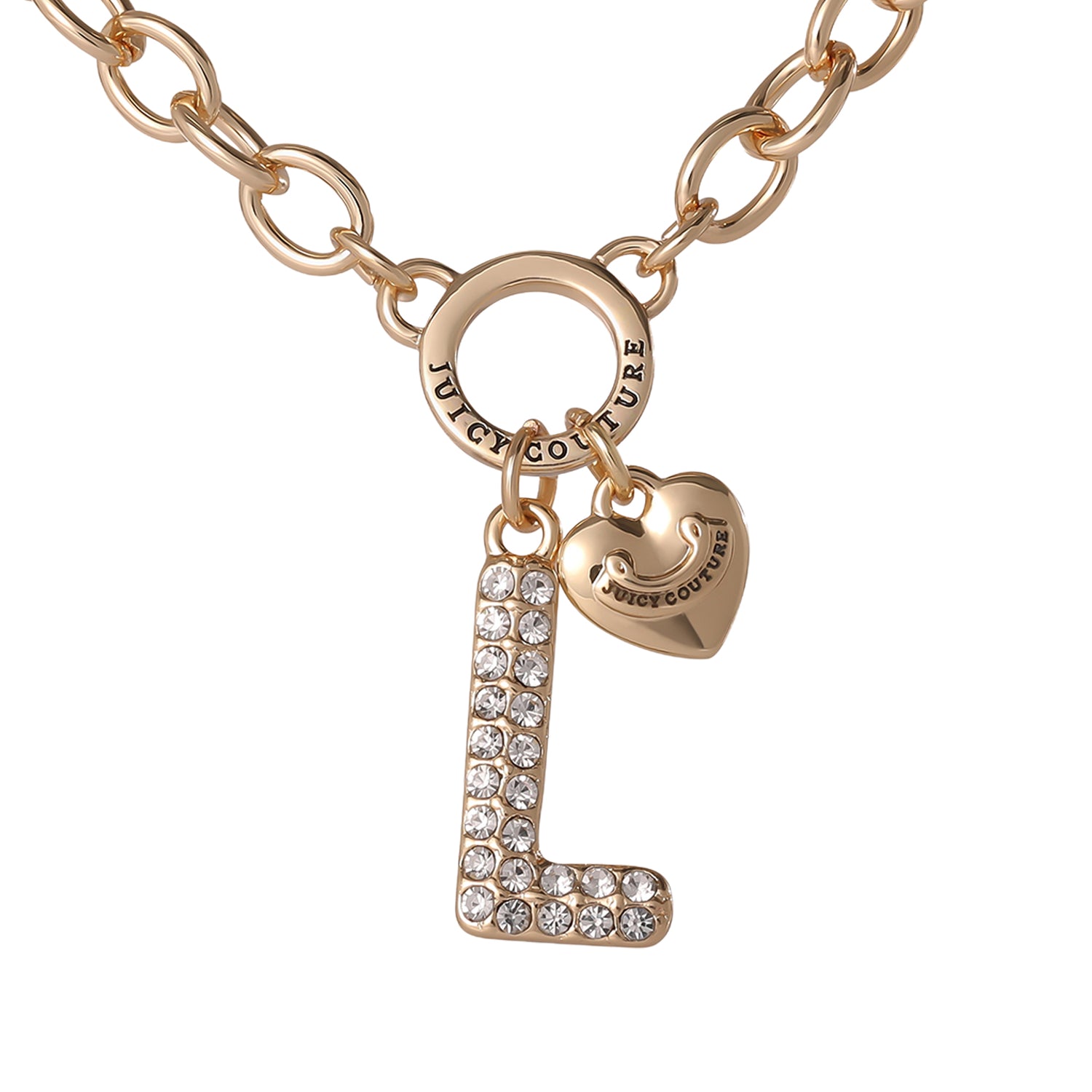 Juicy Couture Bubble Letter Necklace for Women with Clear Stones 18"+2", Chunky Initial Necklace Gold-Tone - L