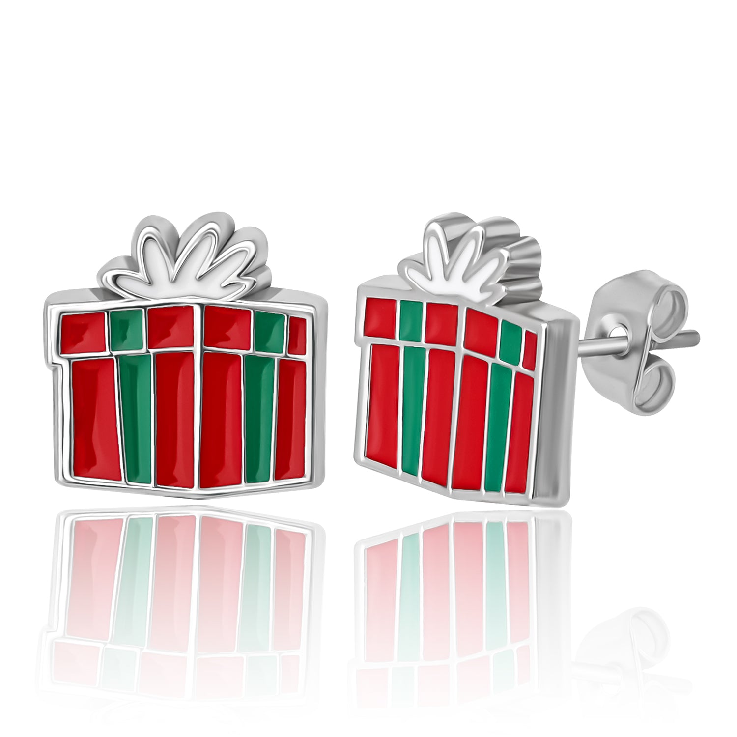 Disney Holiday Stud Earring Set, 3 Pairs - Mickey Santa, Peppermint Ears & Gifts, Silver‑Tone