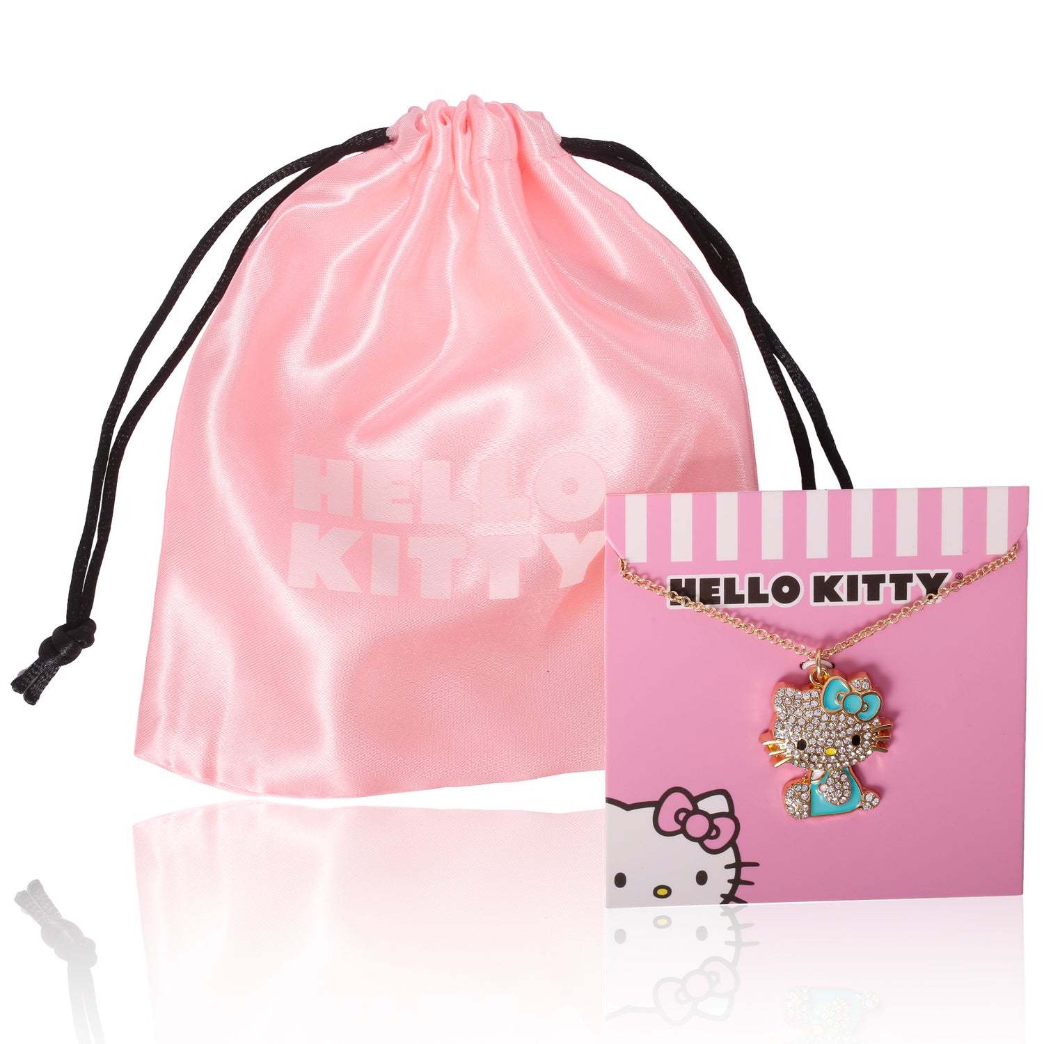 SALLY ROSE Hello Kitty Aqua Green Enamel and Pave Crystal Necklace Official License, Gold-Tone 16+3 Hello Kitty Necklace, Sanrio Gifts - Green