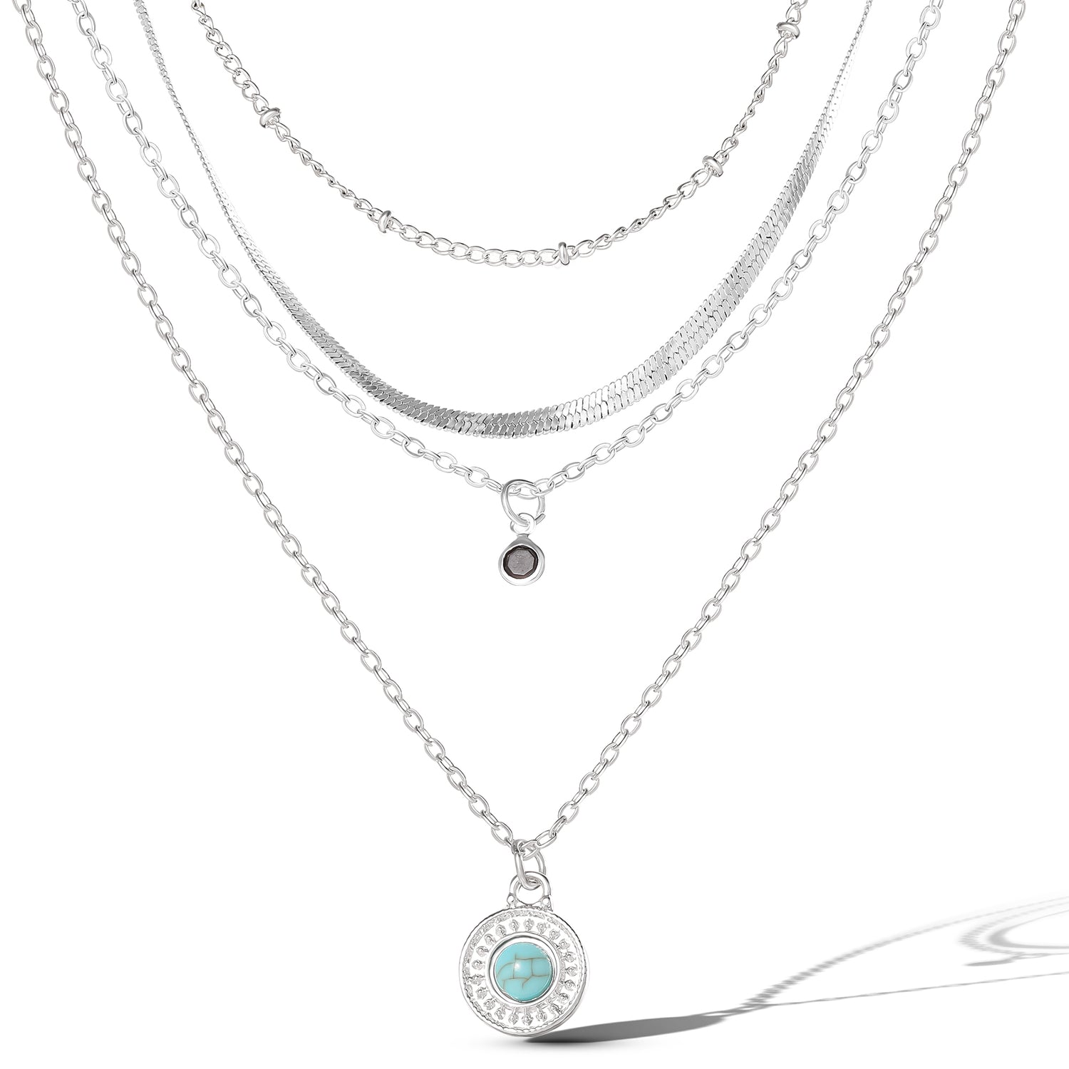 Jessica Simpson Silver-Tone Layered Necklace with Turquoise Pendant and Charm