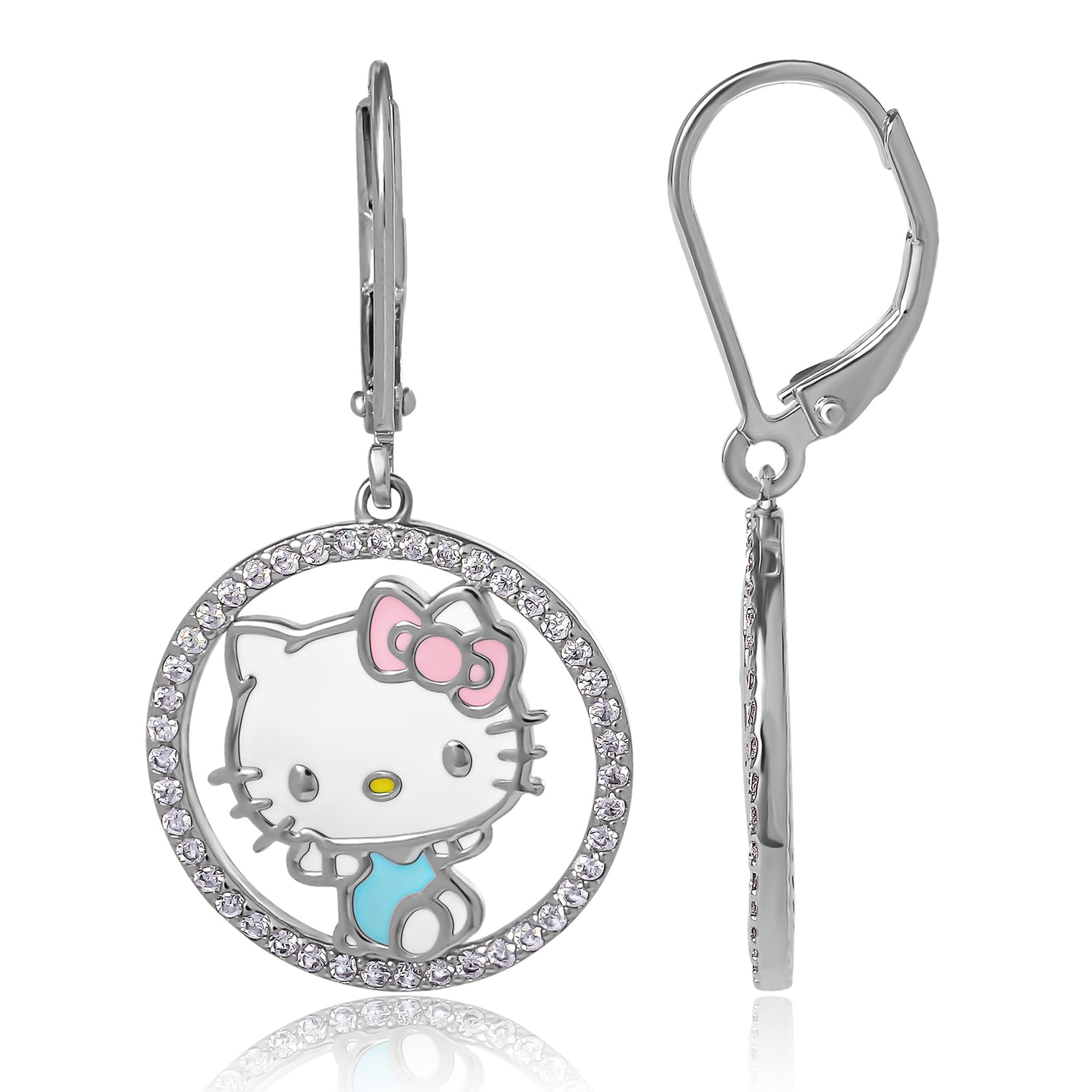 Hello Kitty Jewelry Drop Earrings for Women Official License, Sterling Silver and Cubic Zirconia Hello Kitty Earrings