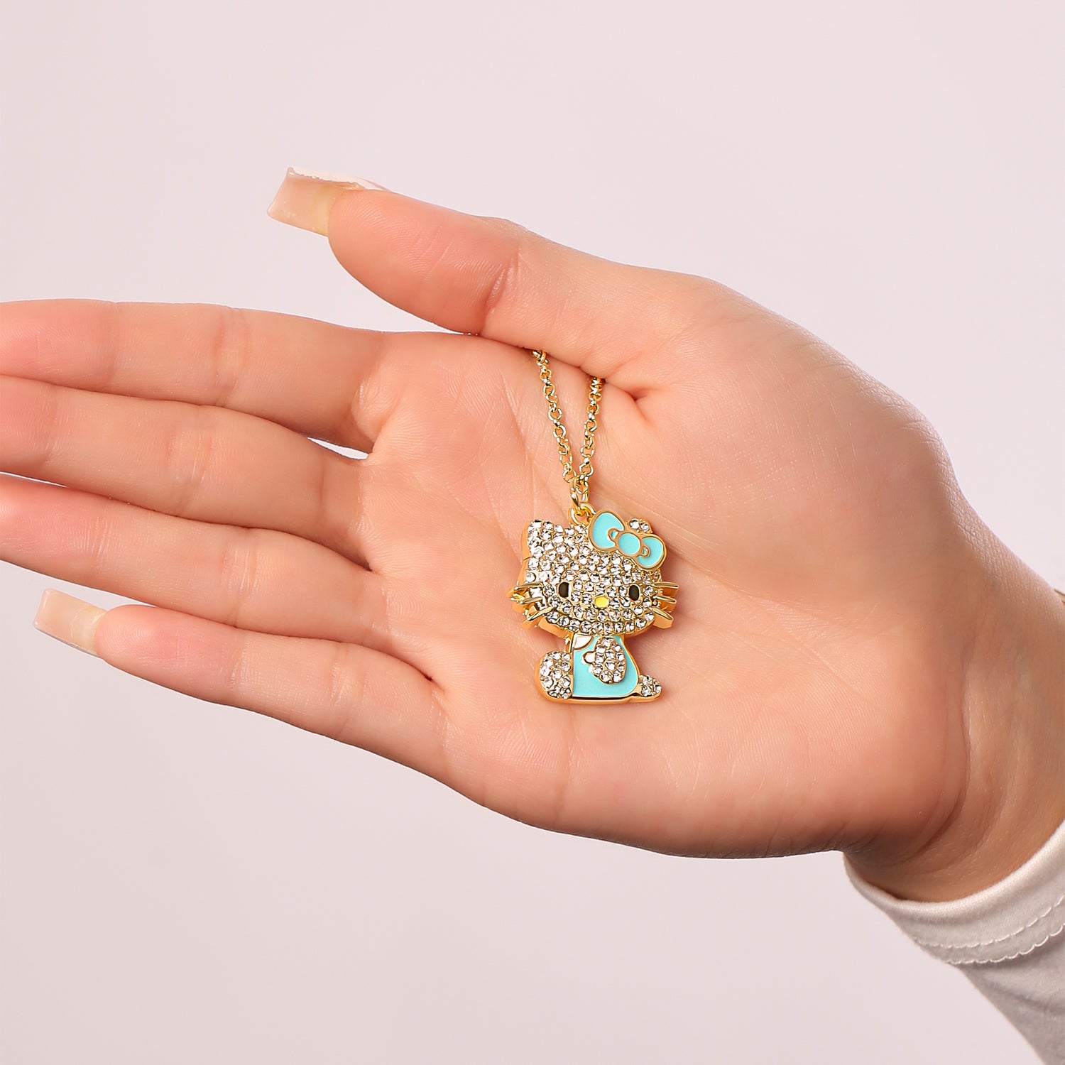 SALLY ROSE Hello Kitty Aqua Green Enamel and Pave Crystal Necklace Official License, Gold-Tone 16+3 Hello Kitty Necklace, Sanrio Gifts - Green