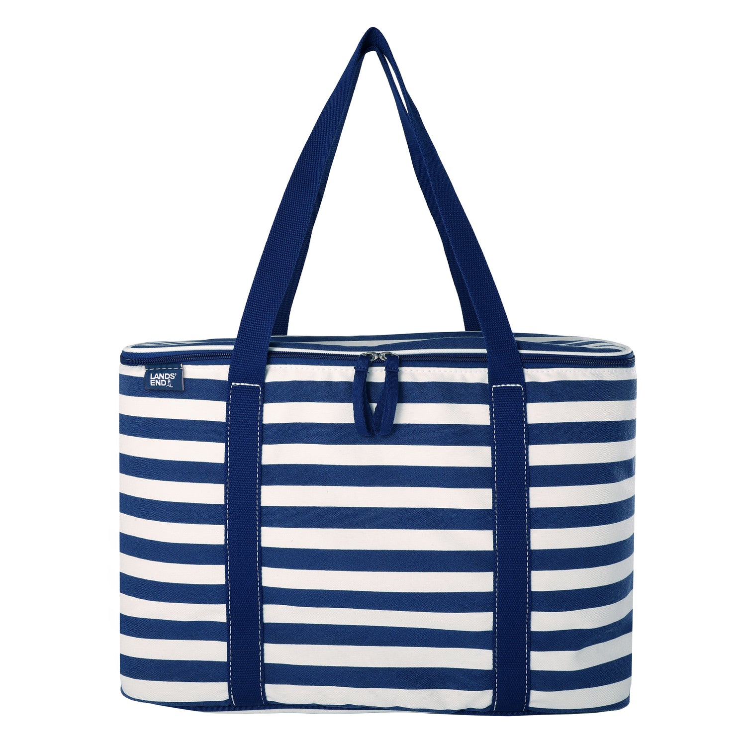 Lands' End Rectangular Large Cooler Bag Insulated 8 Gal, Canvas Soft Cooler with Tote Handles and Zip Closure (Navy Stripe) - Navy Stripe