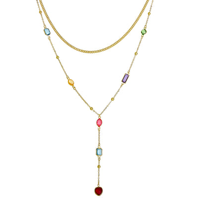 Celebrity Pink Gold-Tone Layered Necklace for Women with Multicolored Gems | Double Strand Necklace, Short Gold and Lariat Necklace, Gemstone Embellishments