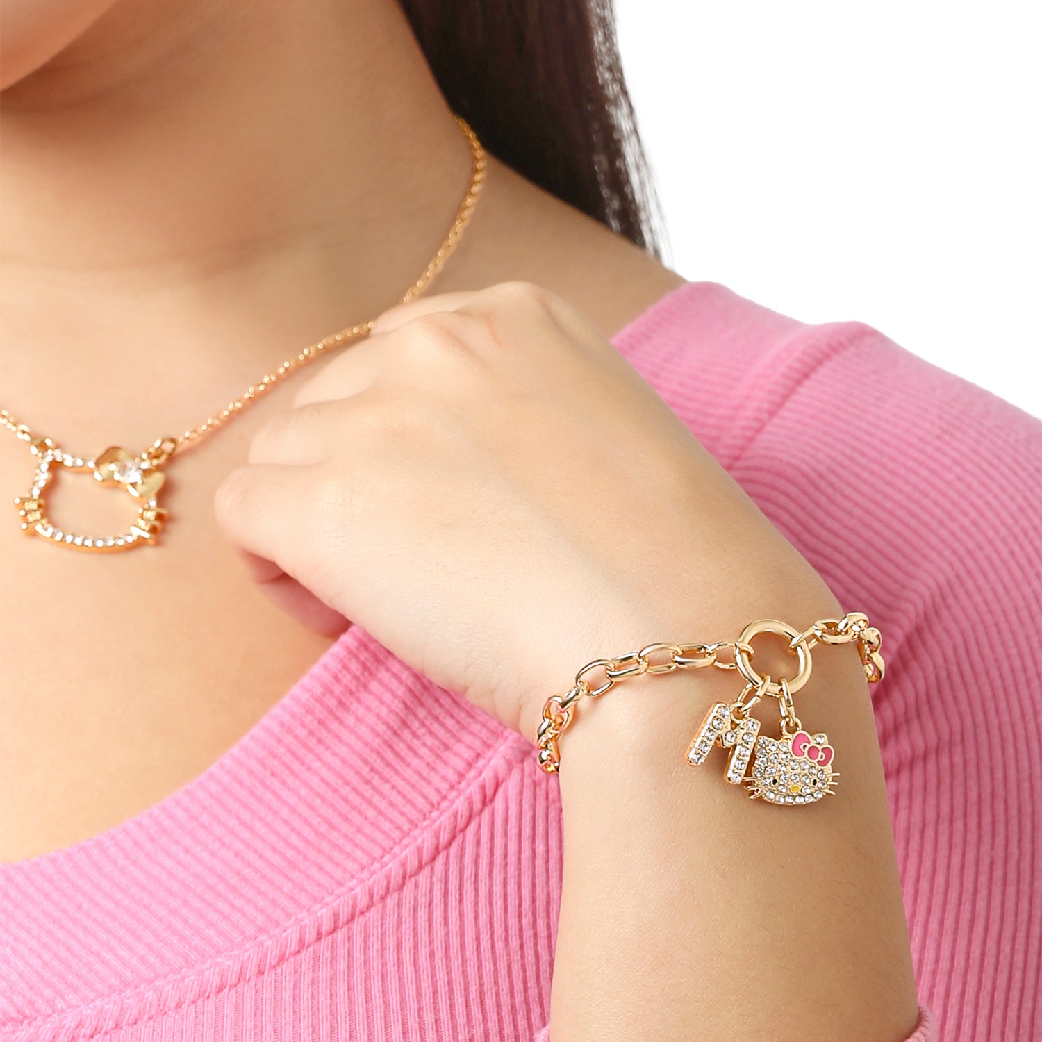 Hello Kitty Initial Crystal Charm Bracelet, Gold‑Tone, Adjustable - M