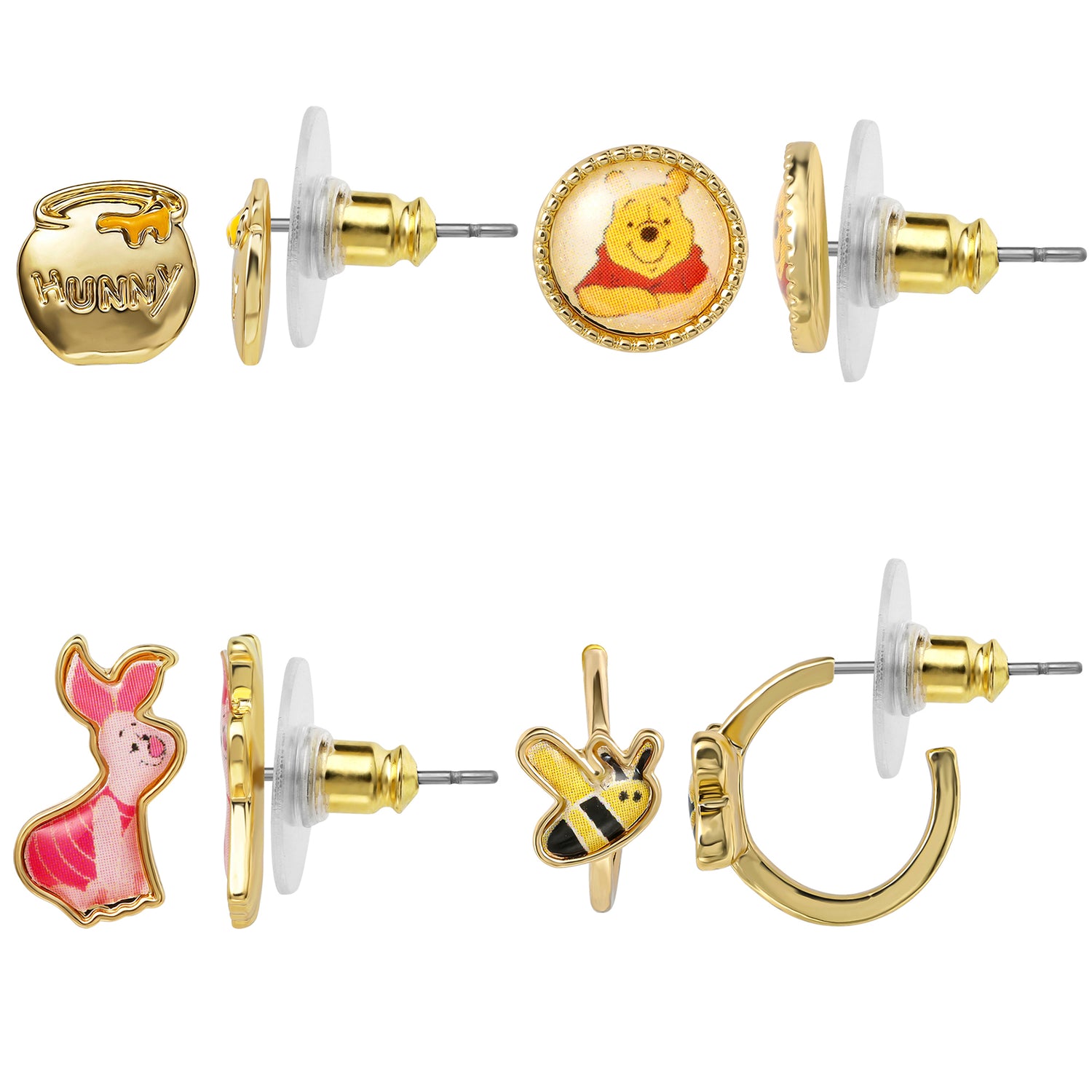 Winnie the Pooh Earrings Pack of 4 Official License, Gold Tone and Enamel