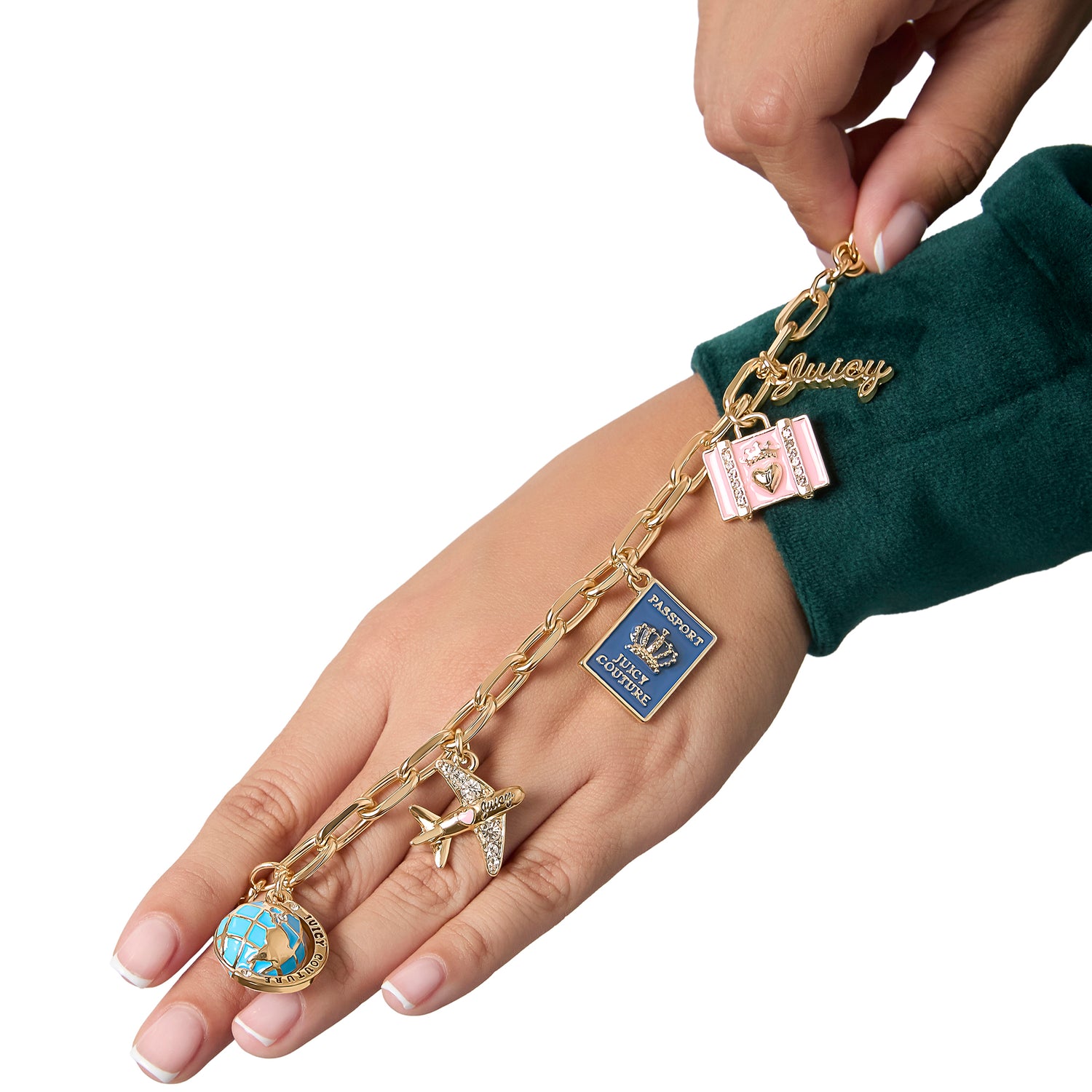 Juicy Couture Travel Icons Charm Bracelet, Gold‑Tone with Blue & Pink Enamel