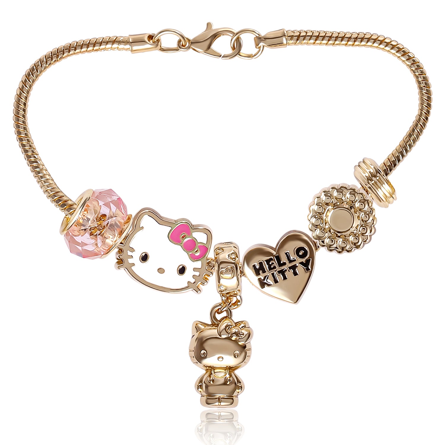 Sanrio Hello Kitty 7'' Fashion Charm Bead Bracelet with Pink and Gold Tone Enamel Beads