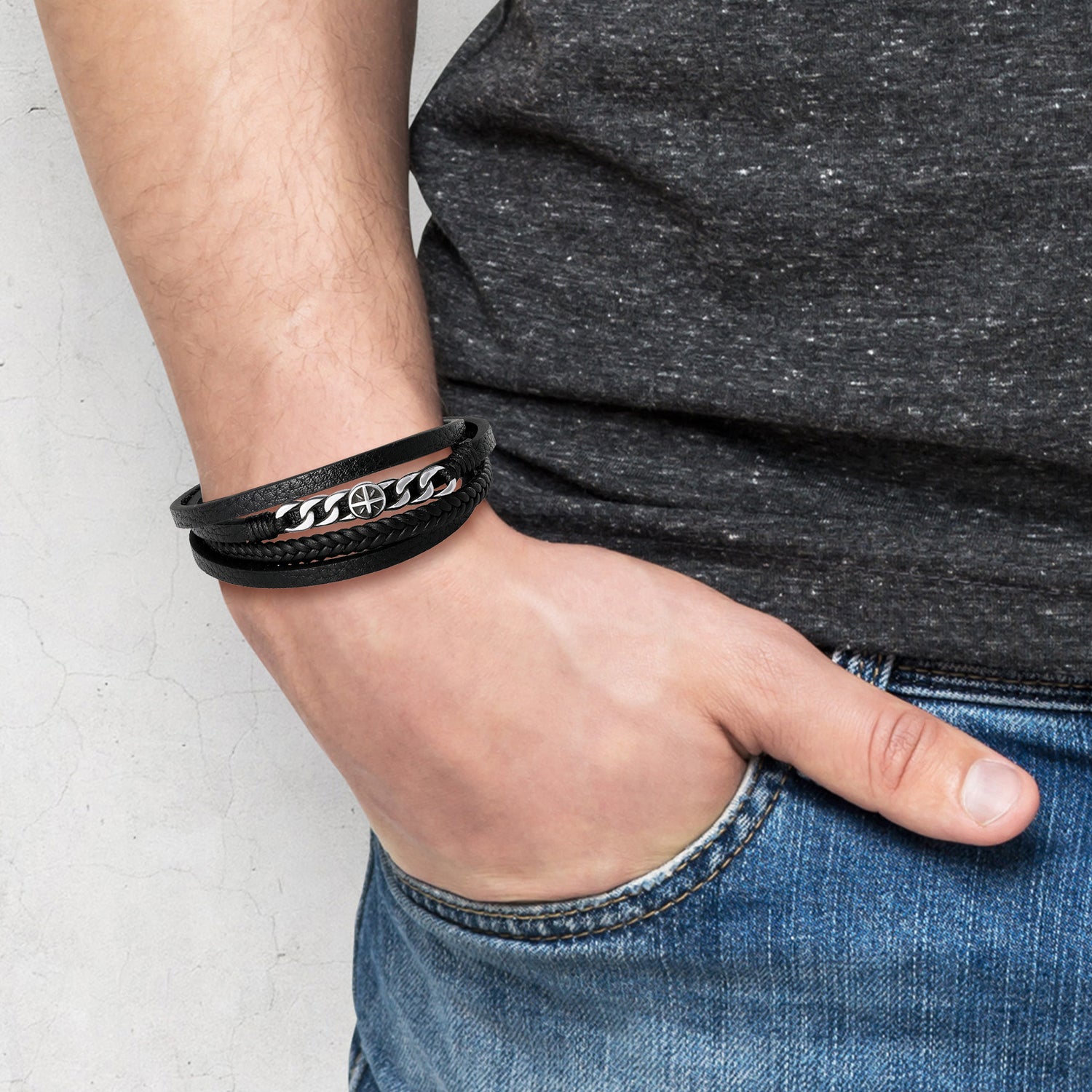 Lucky Brand Men’s Multi‑Row & Chain 8.25'' Bracelet with Compass Emblem