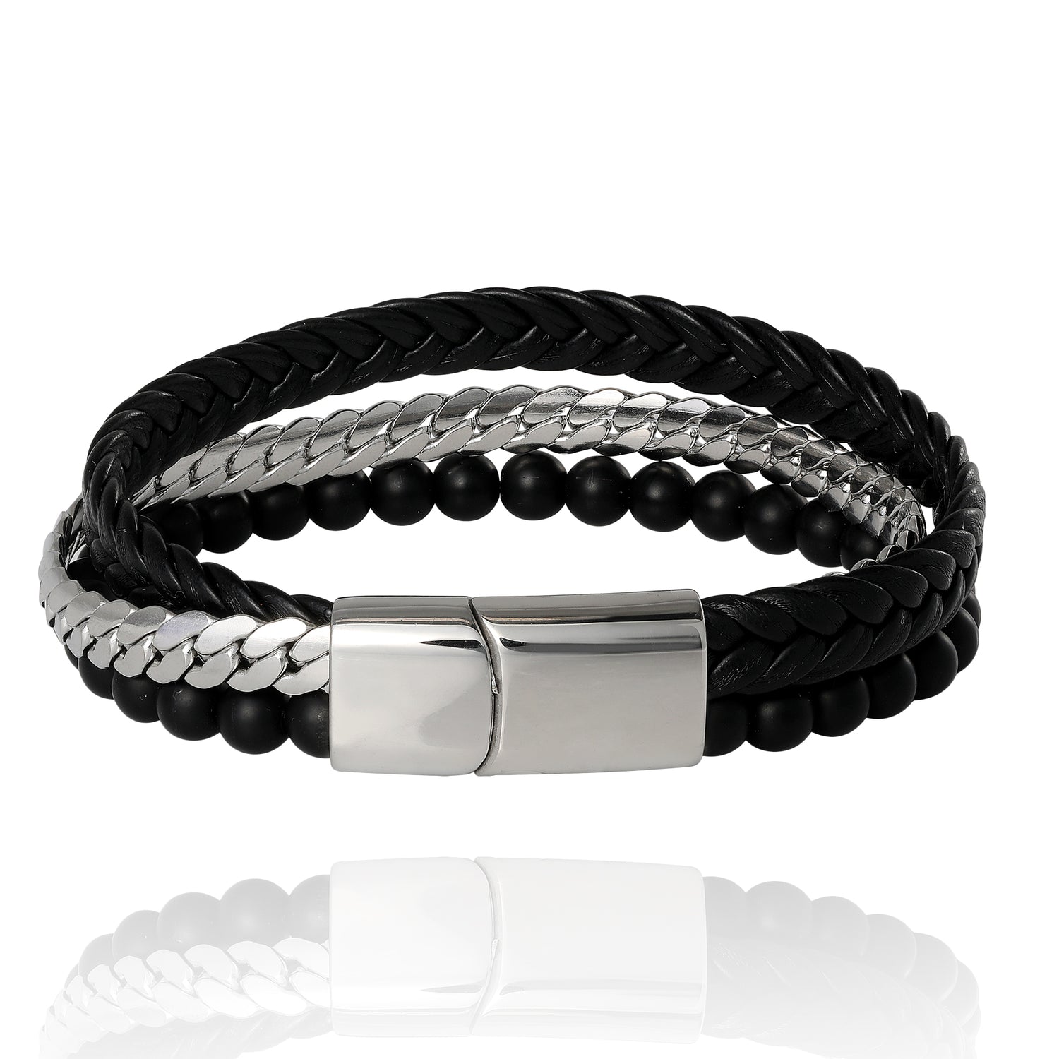 Lucky Brand Men’s 3‑Row Leather, Chain & Bead Bracelet, Black, Magnetic Clasp - 8.5''