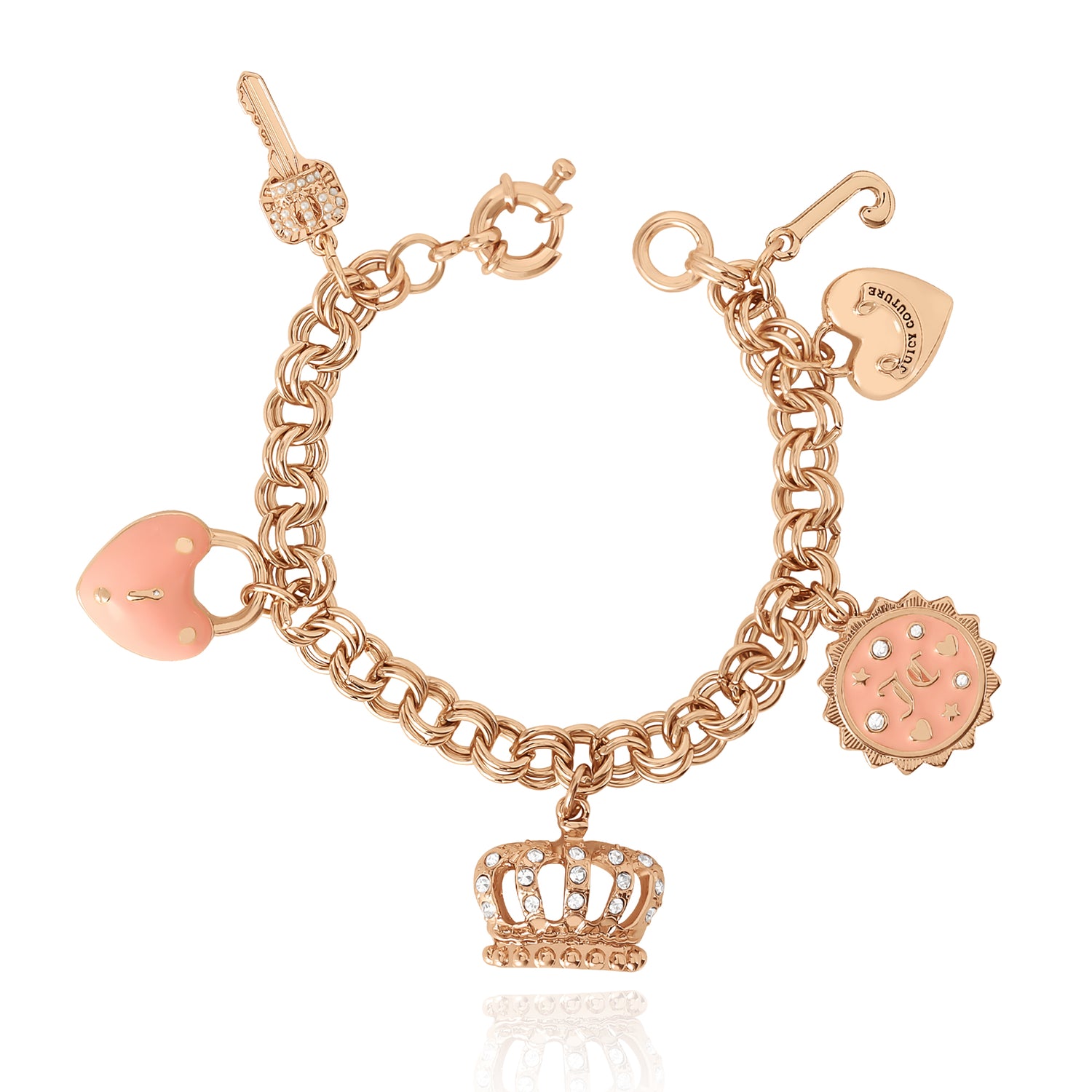 Juicy Couture Charms Bracelet with Clear Stones, 7.5" Goldtone Bracelet for Women Featuring 6 Pink and Gold Charms