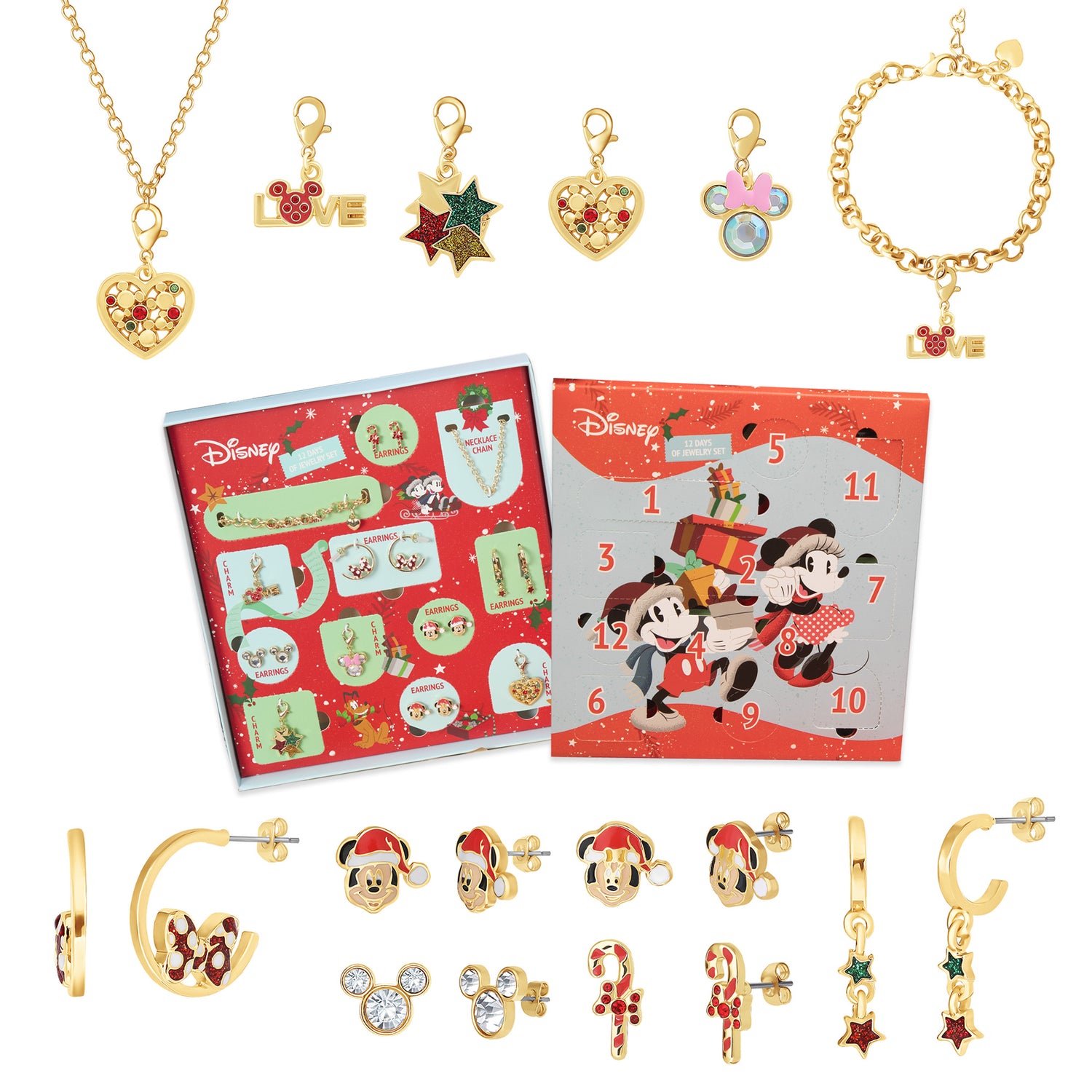 Disney Mickey and Minnie Mouse Love & Friendship Advent Gift Collection: Mix & Match Charms, Earrings, Necklace Christmas Calendar Box Set