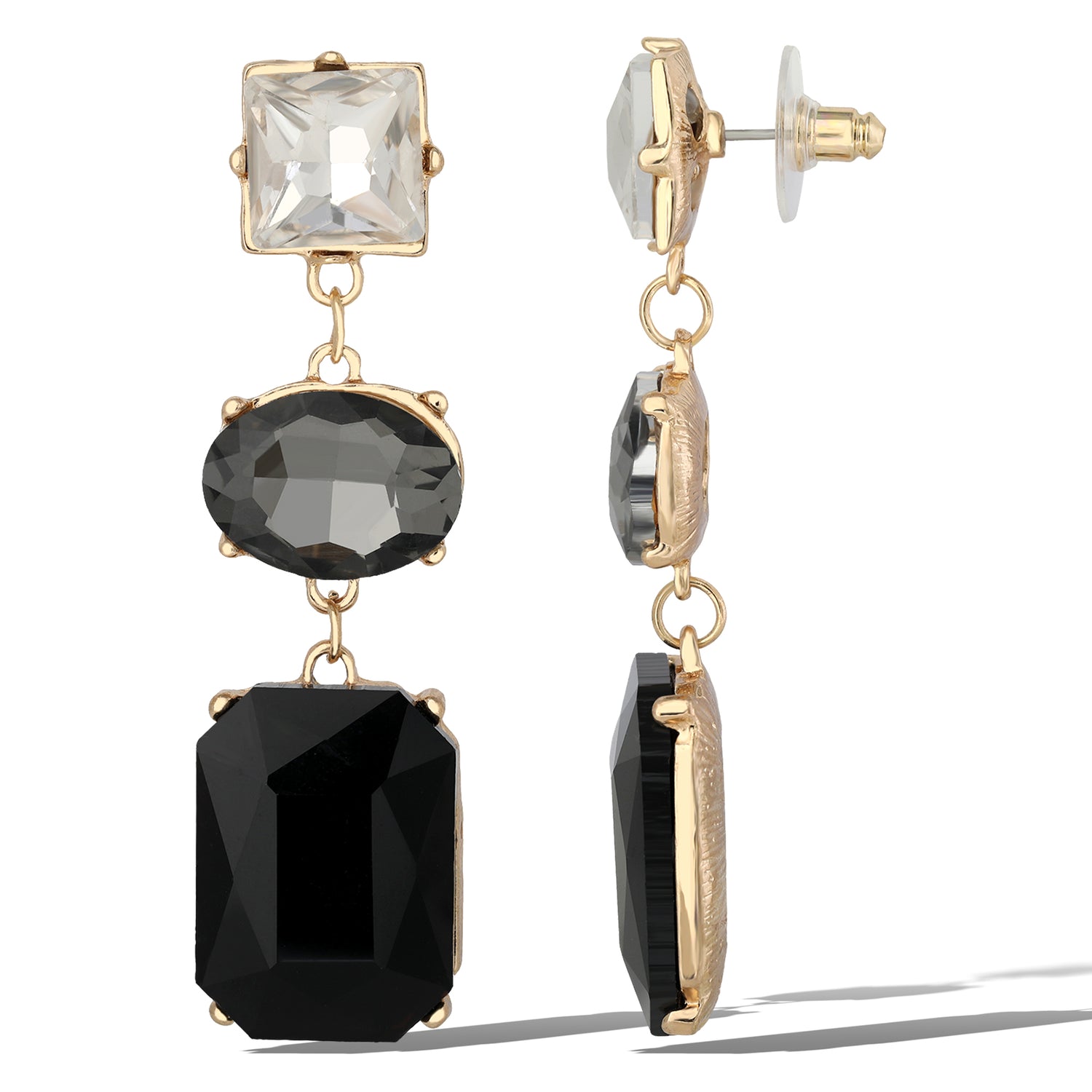 Jessica Simpson Triple Stone Drop Earrings in Black and Clear