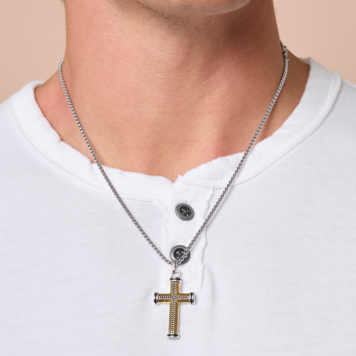Lucky Brand Stainless Steel Cross Necklace for Men 24", Two-Tone Cross Pendant Necklace, Cross Jewelry