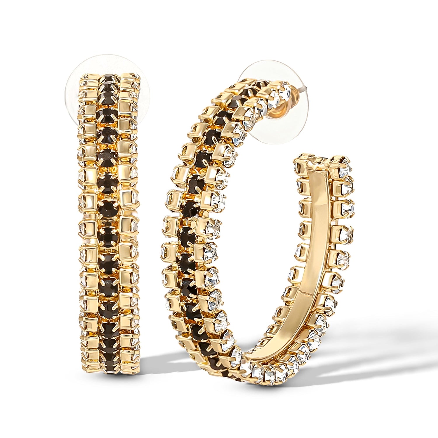 Jessica Simpson Black and White Crystal Hoop Earrings for Women - Gold-Tone Statement Earrings